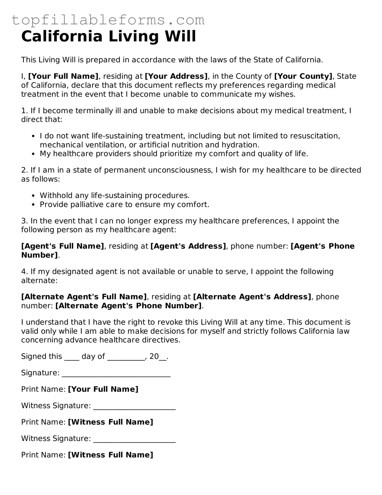 Attorney-Verified  Living Will Template for California