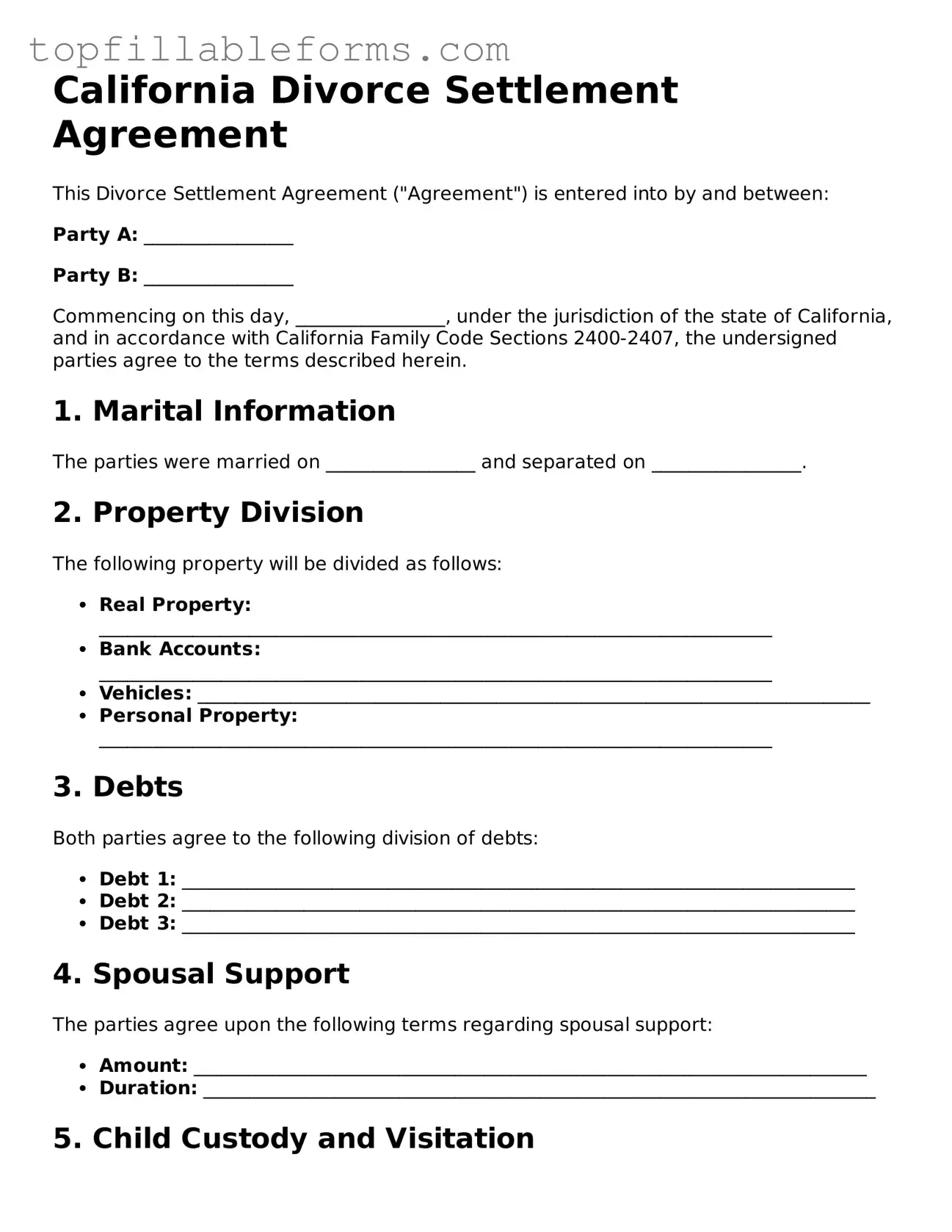Attorney-Verified  Divorce Settlement Agreement Template for California