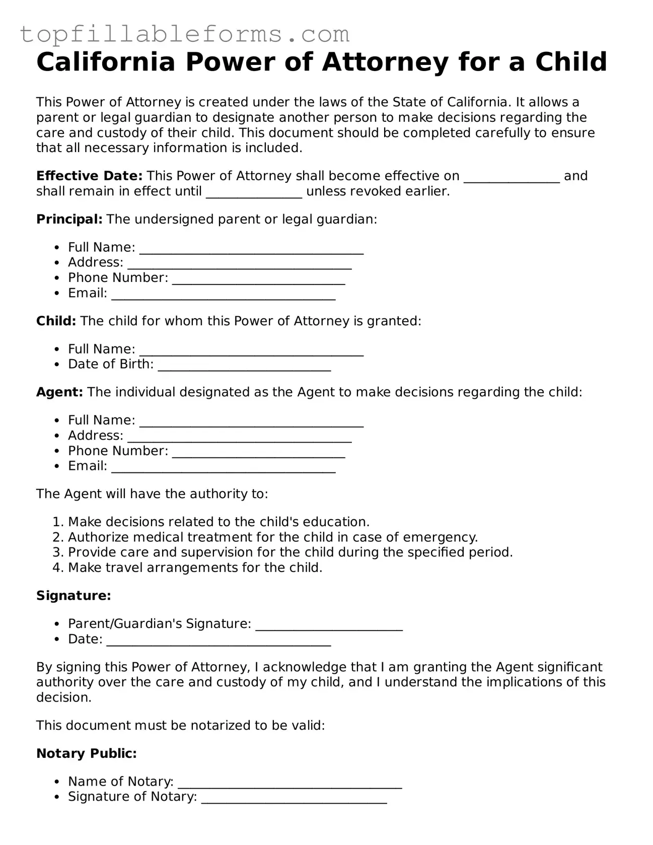 Attorney-Verified  Power of Attorney for a Child Template for California