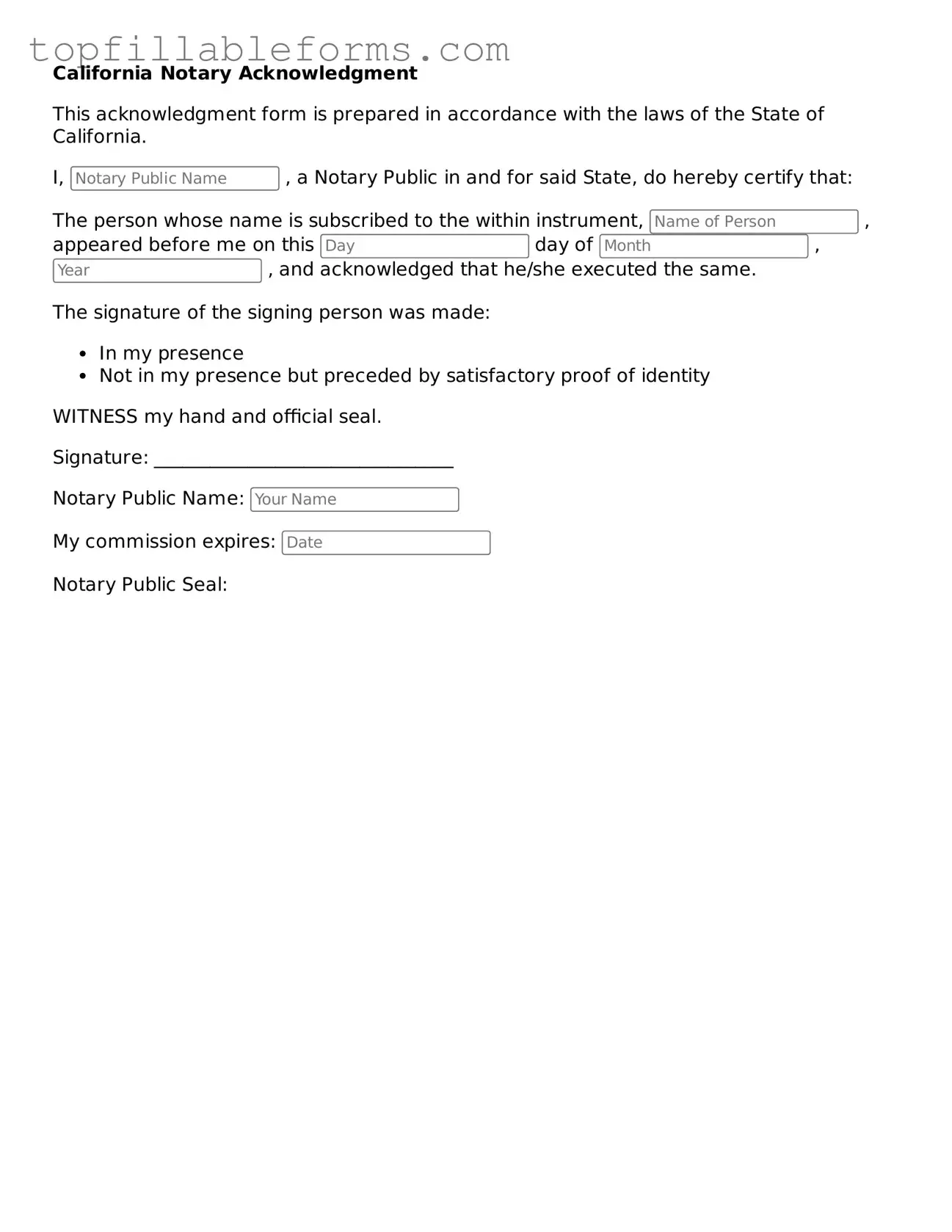 Attorney-Verified Notary Acknowledgement Template for California