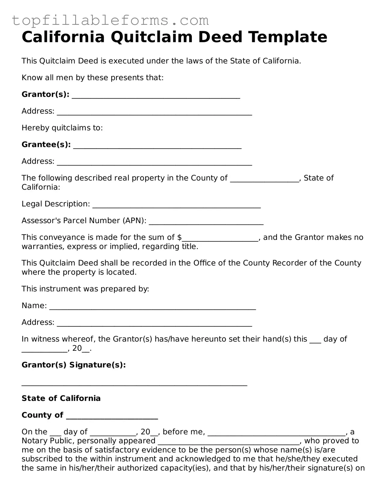 Attorney-Verified  Quitclaim Deed Template for California