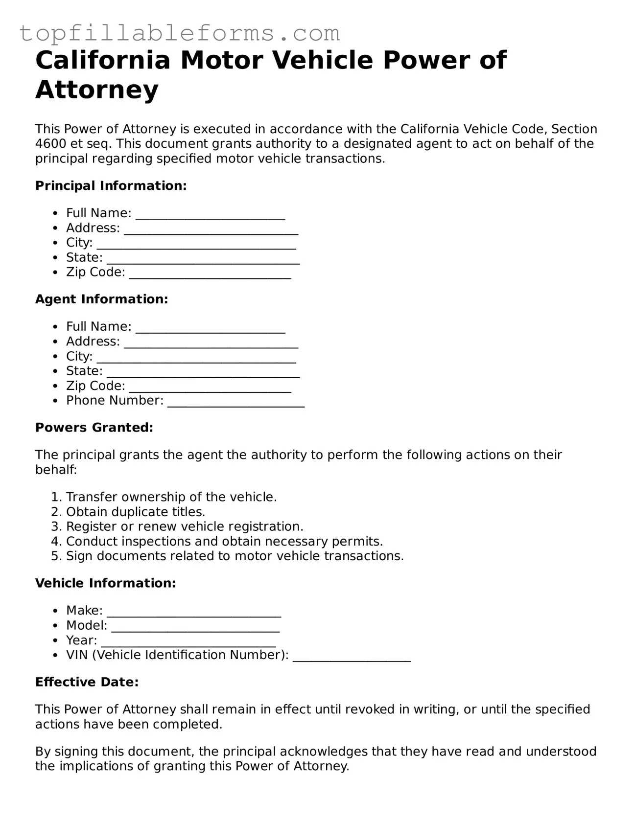 Attorney-Verified  Motor Vehicle Power of Attorney Template for California