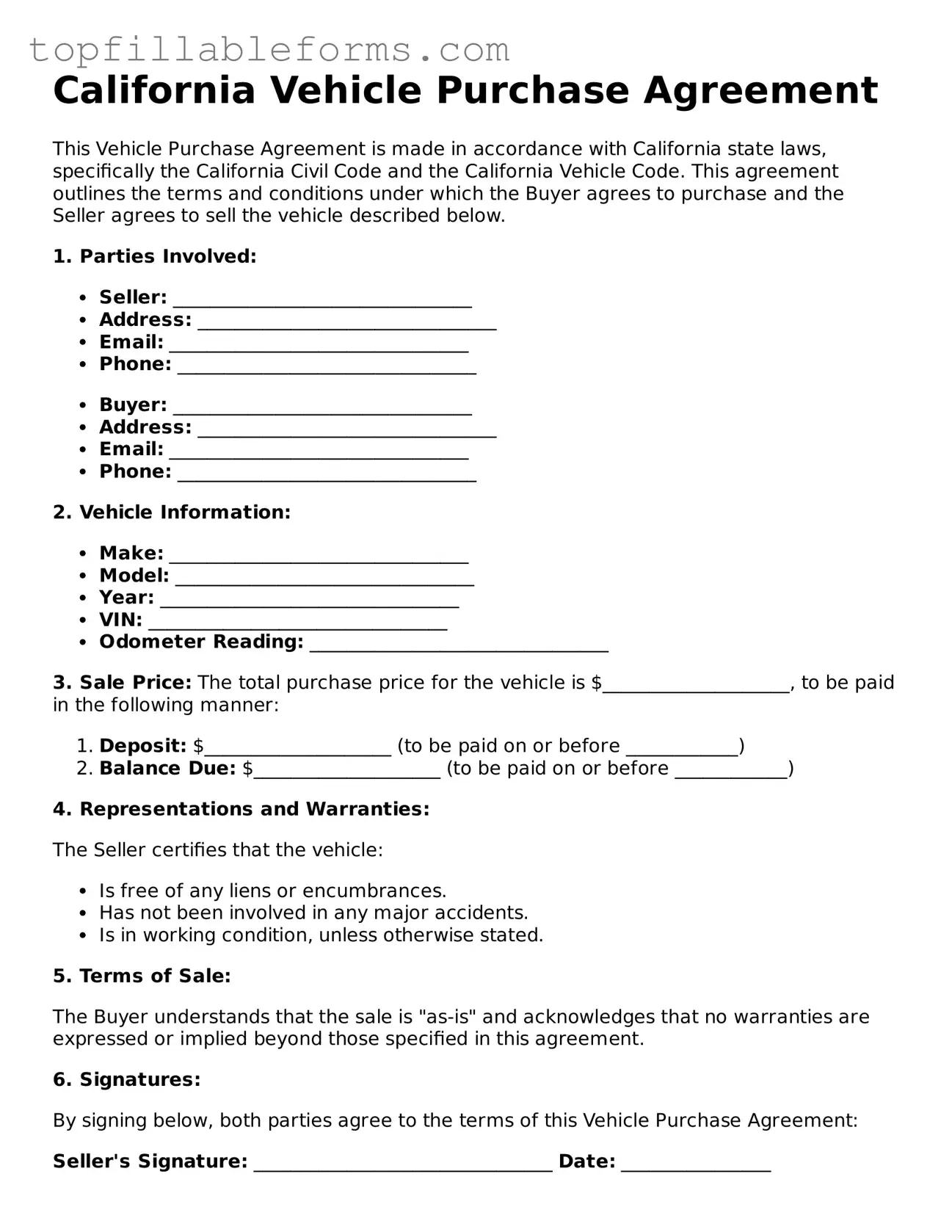 Attorney-Verified  Vehicle Purchase Agreement Template for California