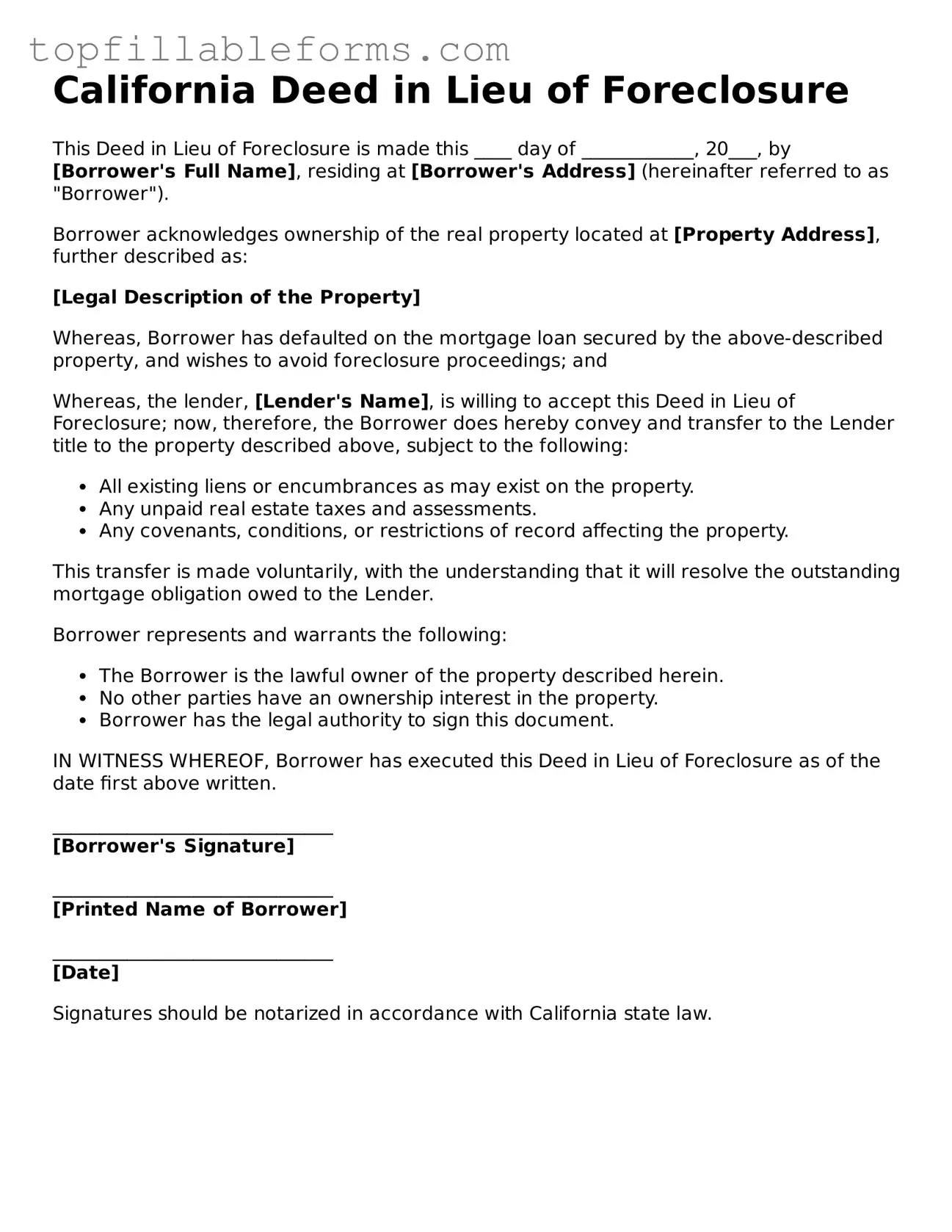 Attorney-Verified  Deed in Lieu of Foreclosure Template for California