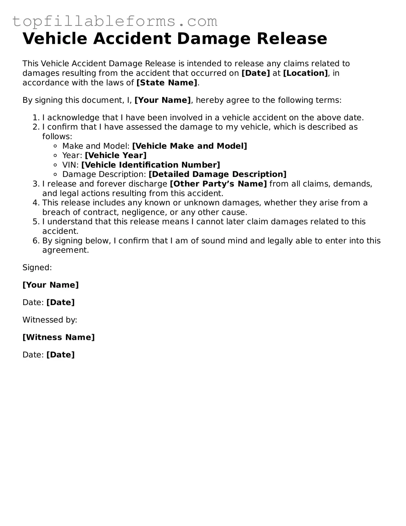 Free Vehicle Accident Damage Release Form