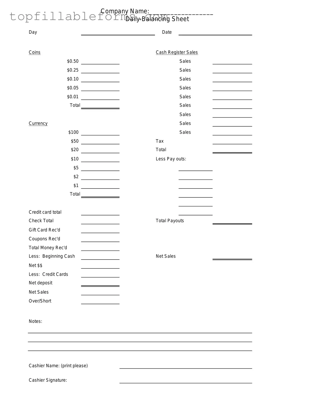Printable Cash Drawer Count Sheet Form in PDF