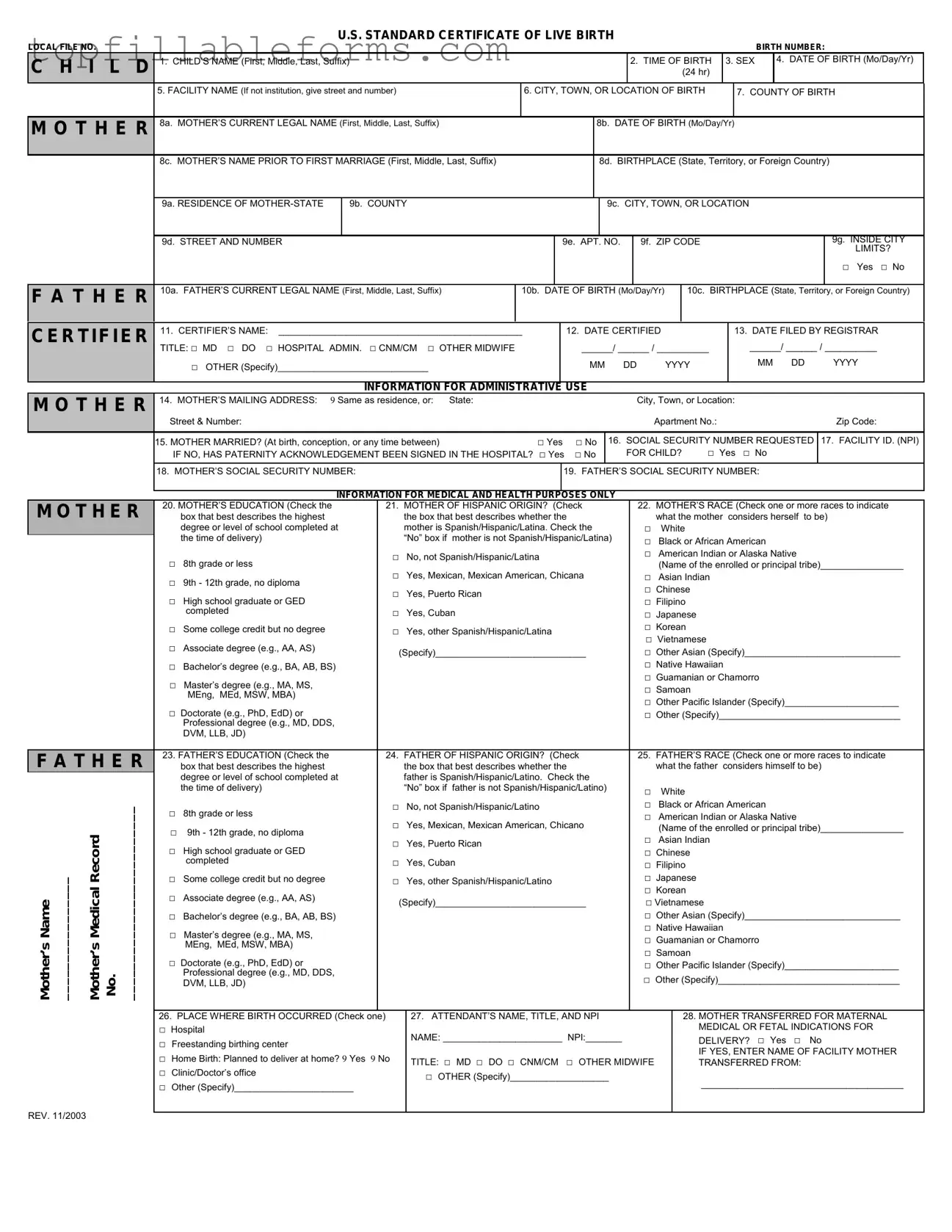 Printable CDC U.S. Standard Certificate of Live Birth Form in PDF