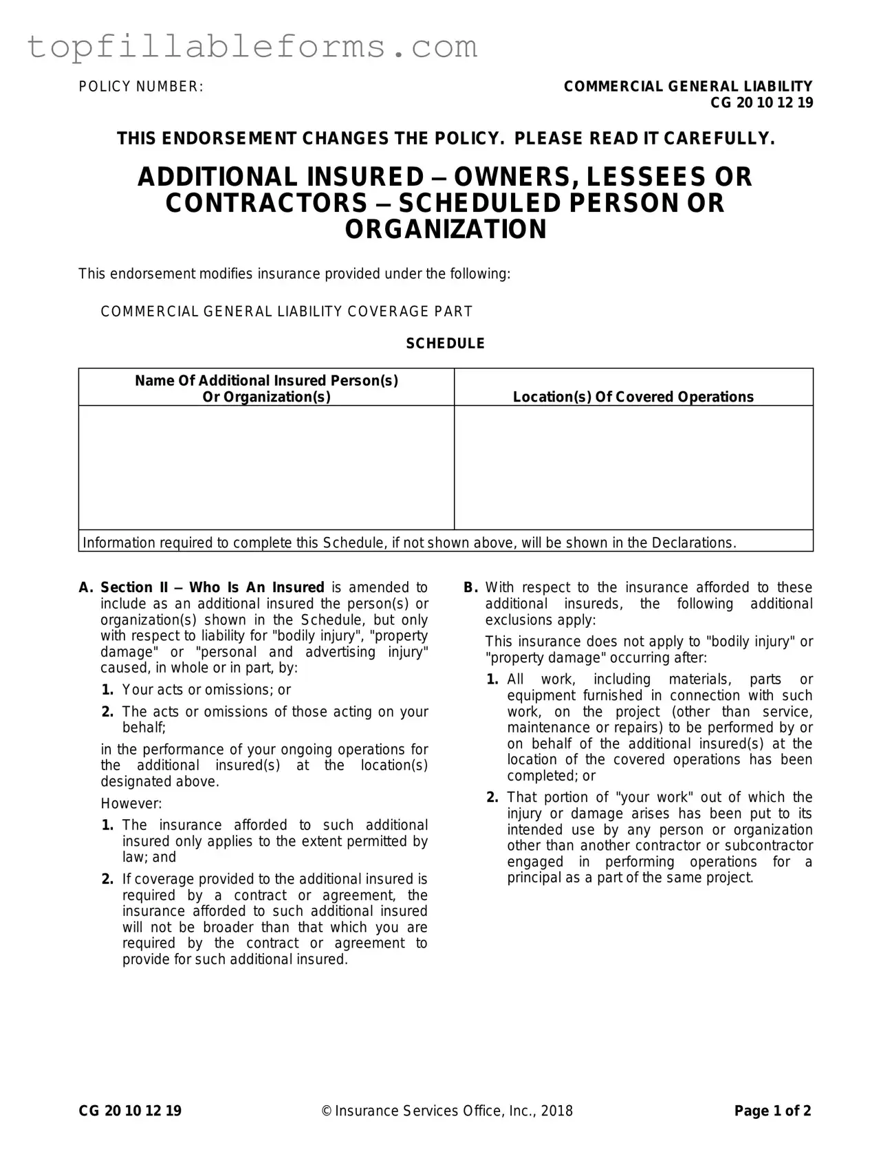 Printable Cg 20 10 07 04 Liability Endorsement Form in PDF