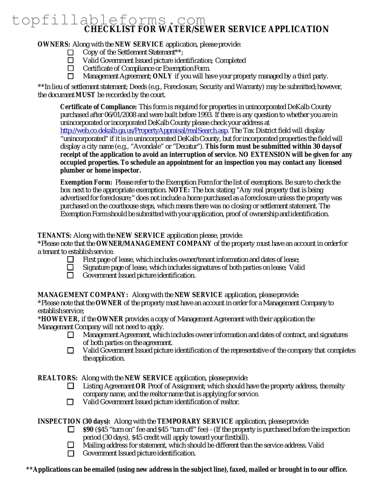 Printable Dekalb County Water Application Form in PDF