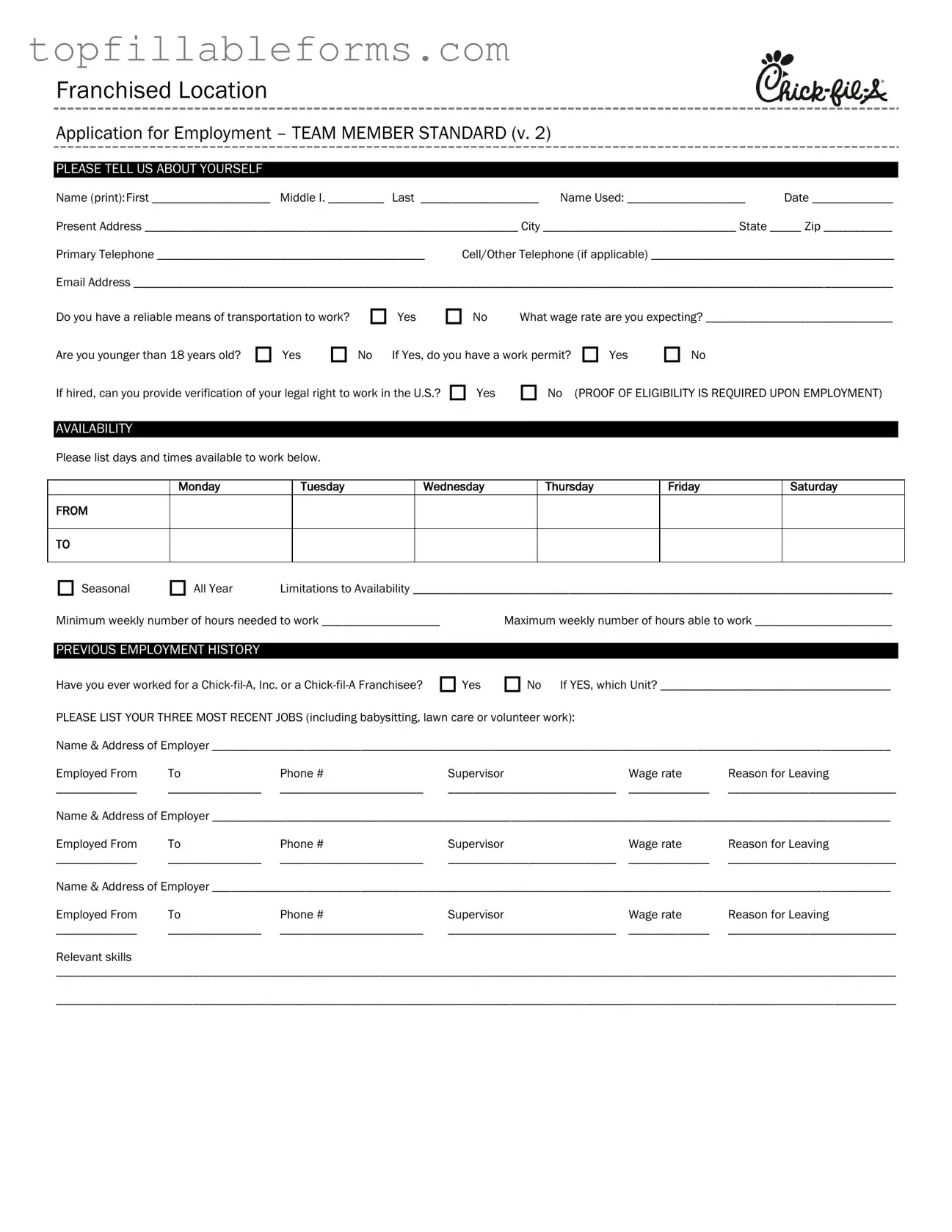 Printable Chick Fil A Job Application Form in PDF
