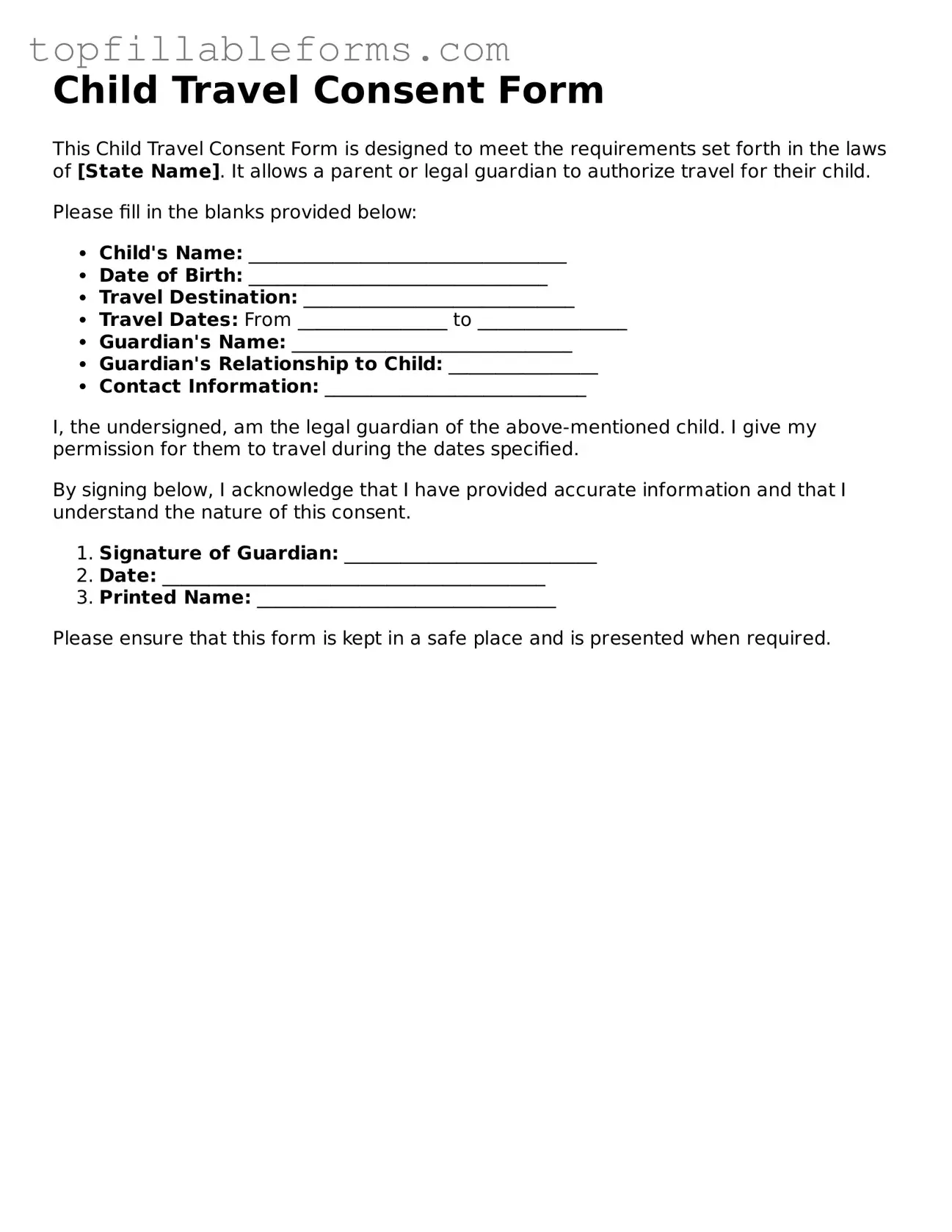 Free Child Travel Consent Form Form