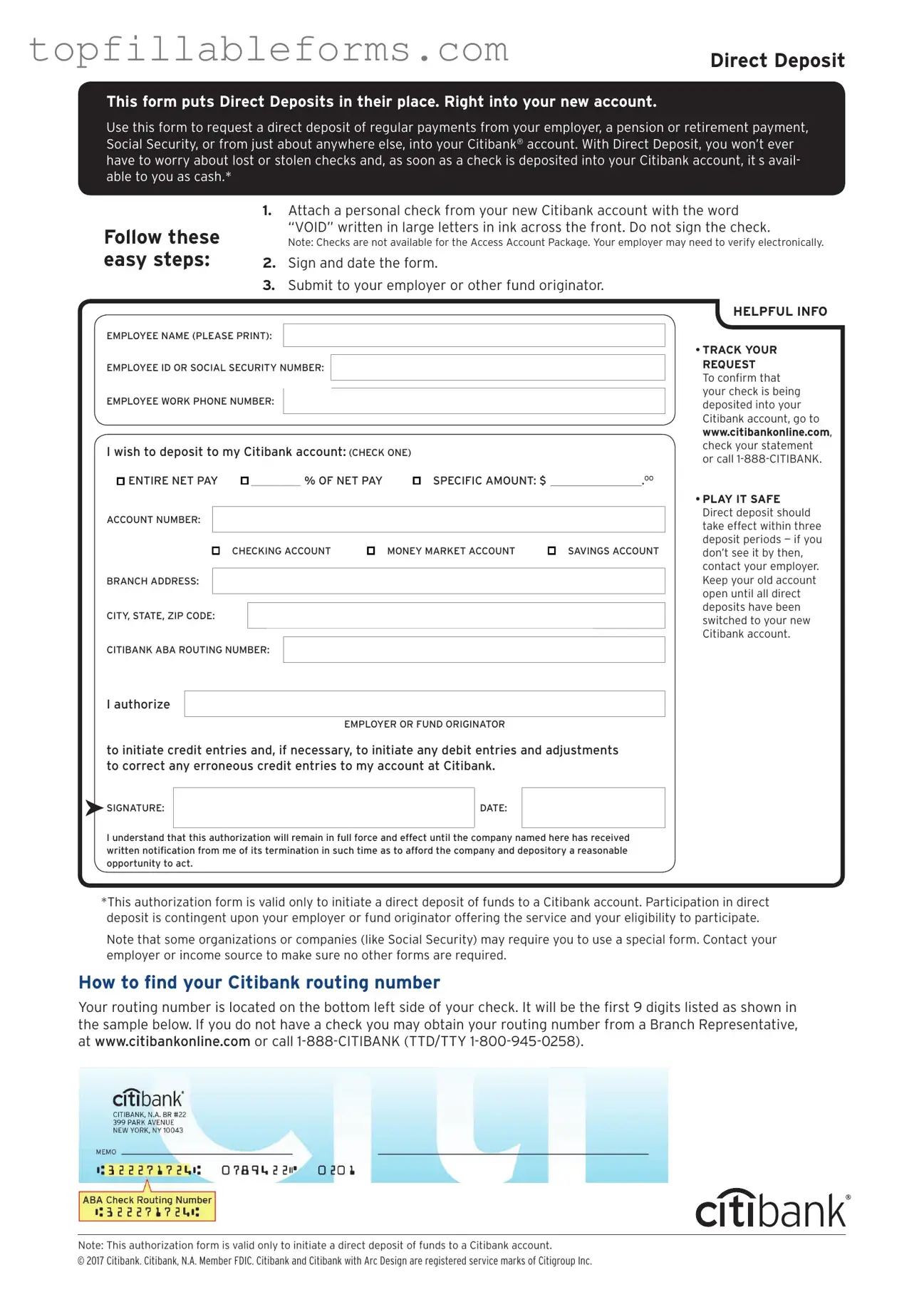 Printable Citibank Direct Deposit Form in PDF