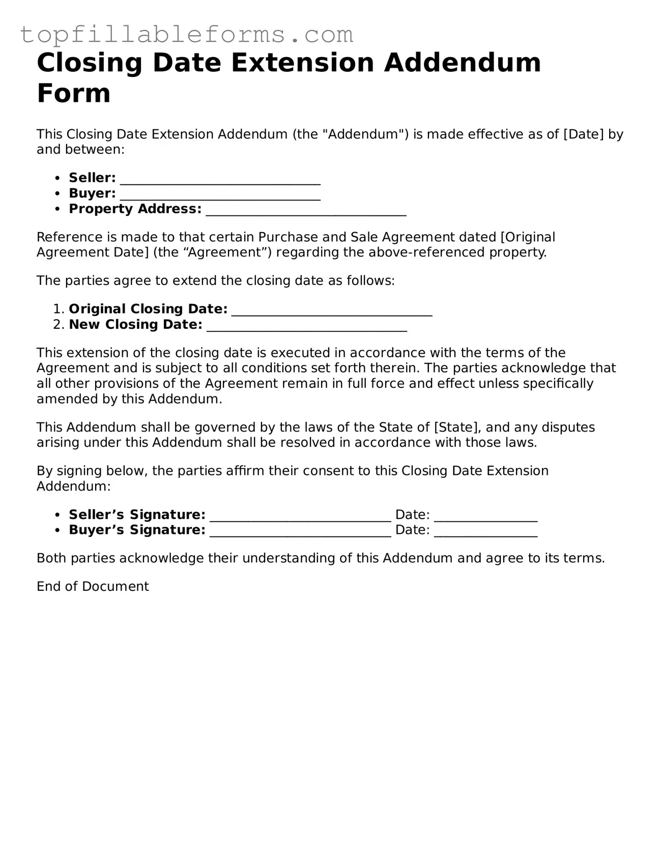 Free Closing Date Extension Addendum Form Form