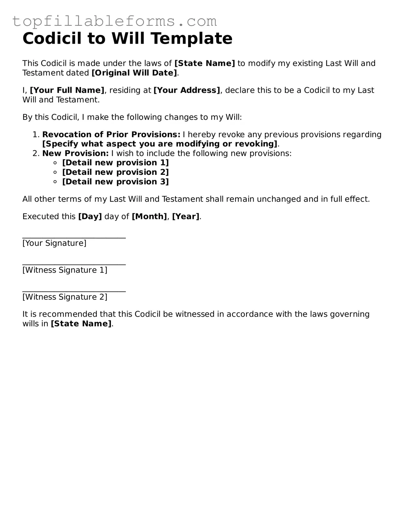 Free Codicil to Will Form