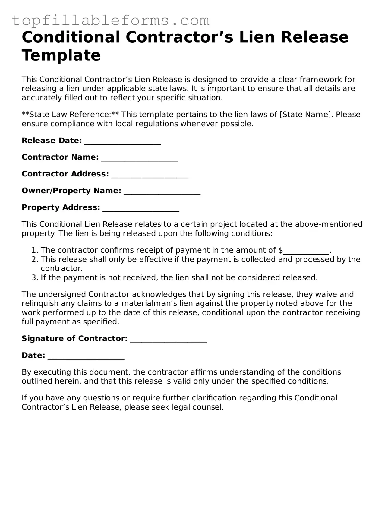 Free Conditional Contractor’s Lien Release Form