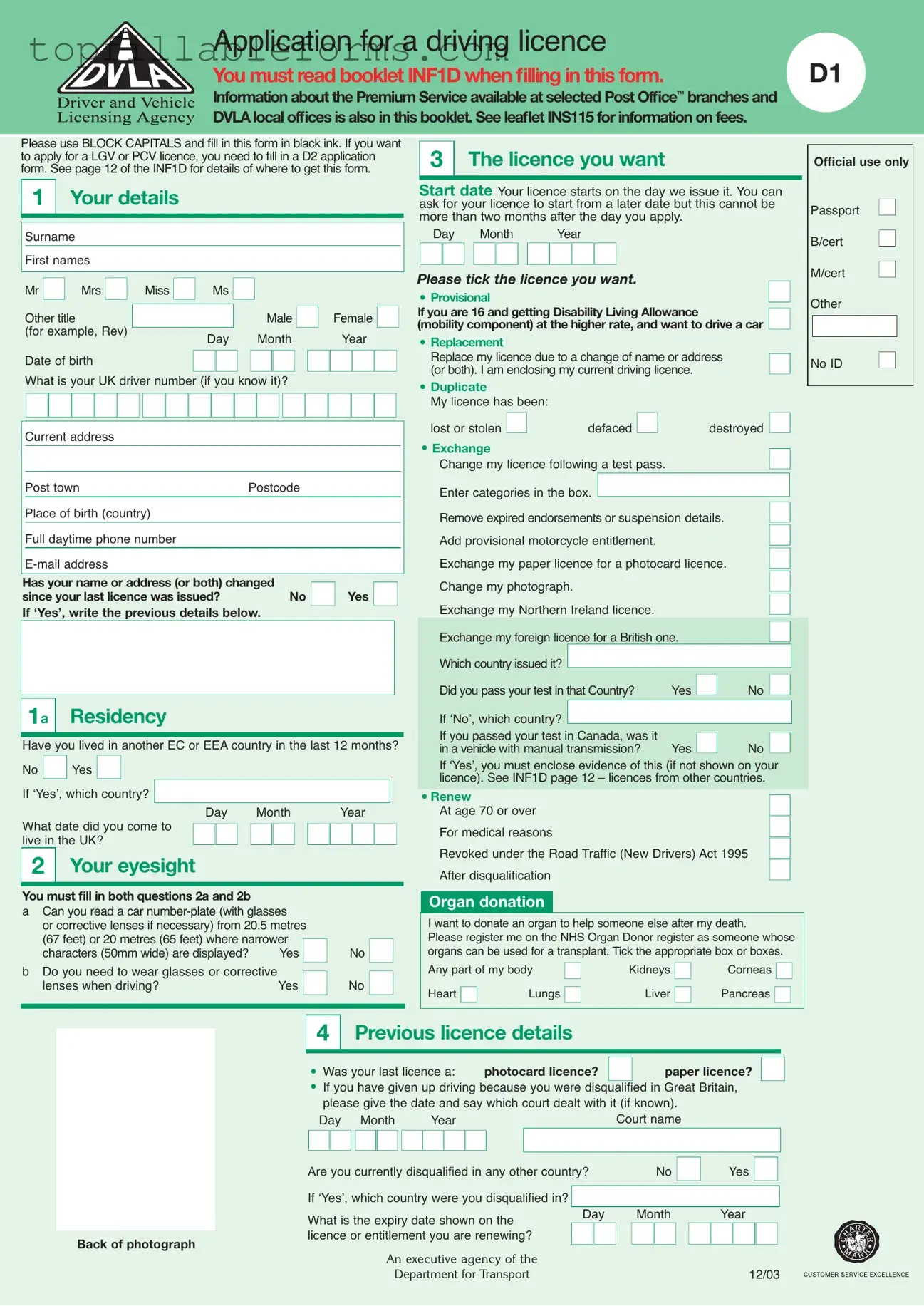 Printable D1 Dvla Form in PDF