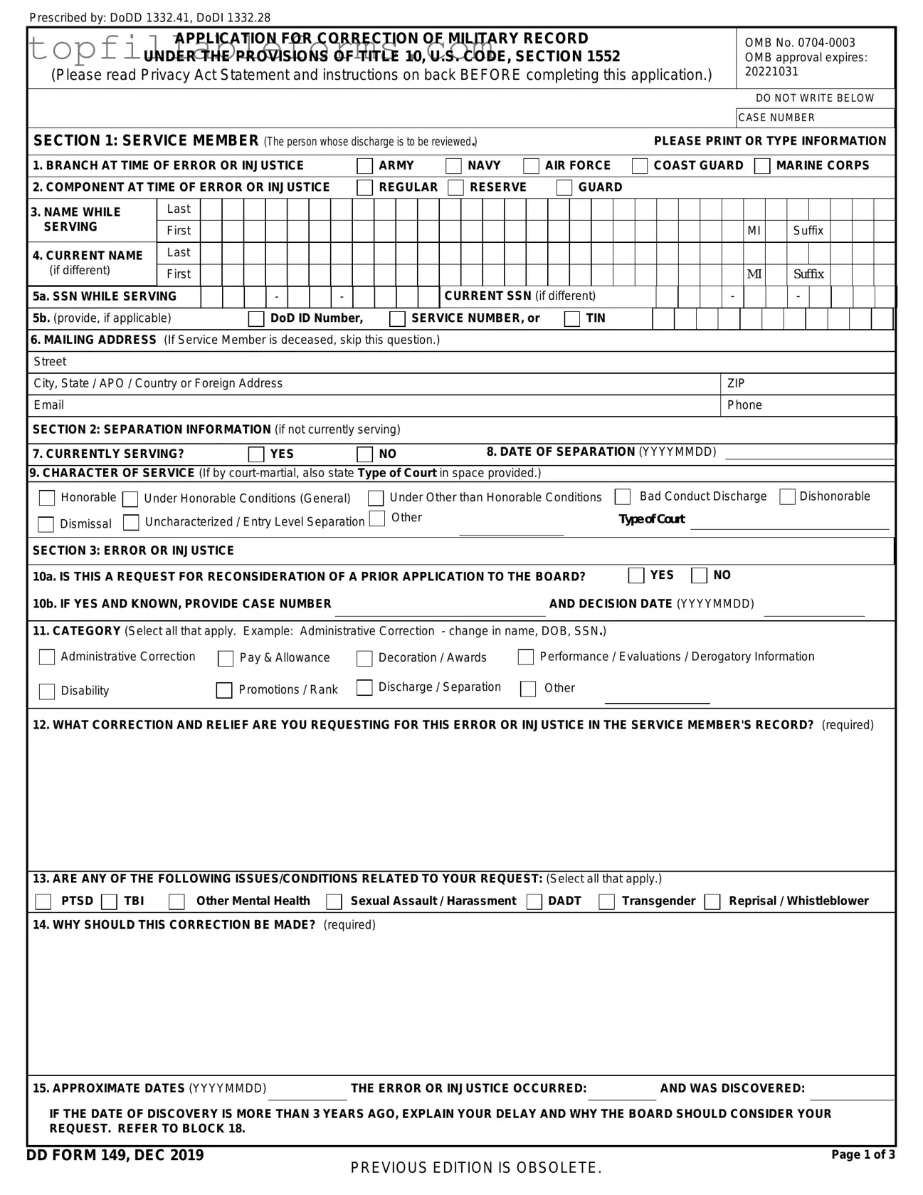 Printable DD 149 Form in PDF