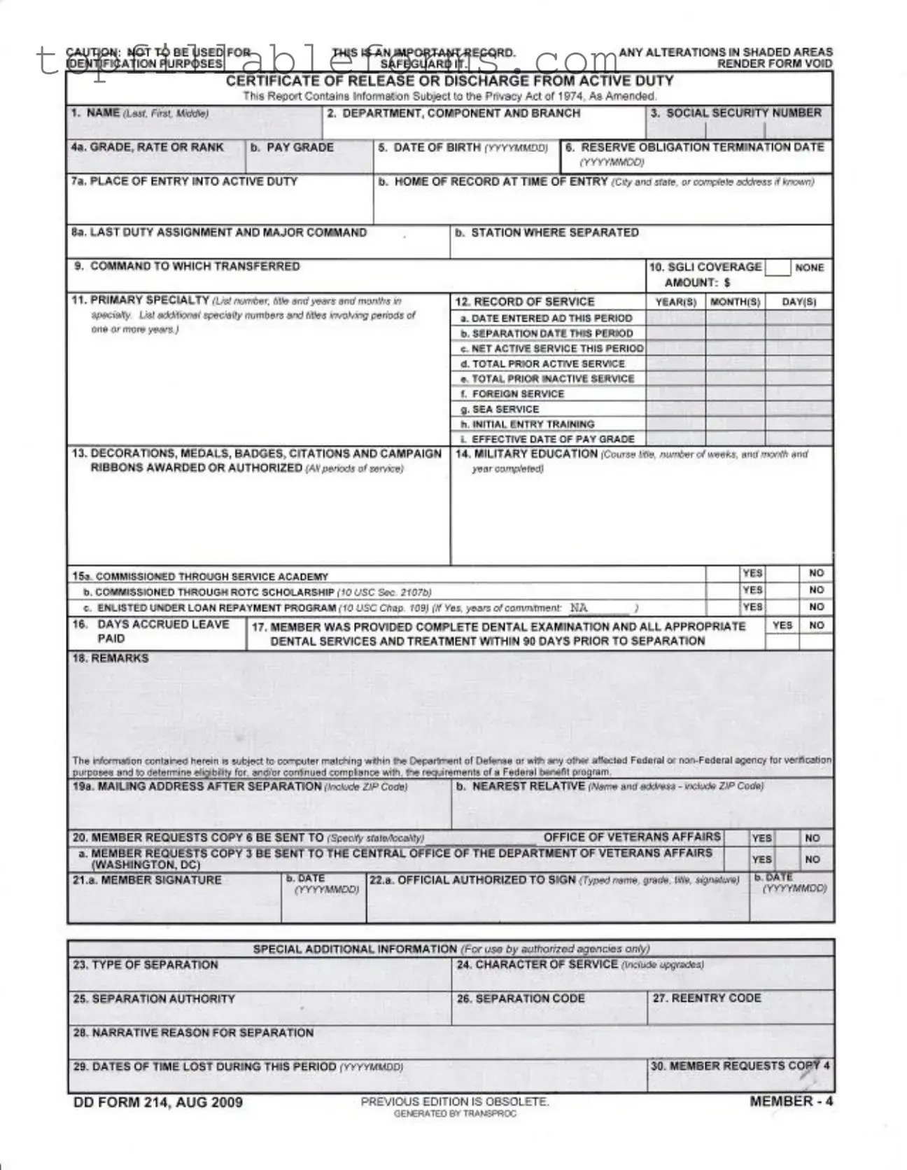 Printable Dd 214 Form in PDF
