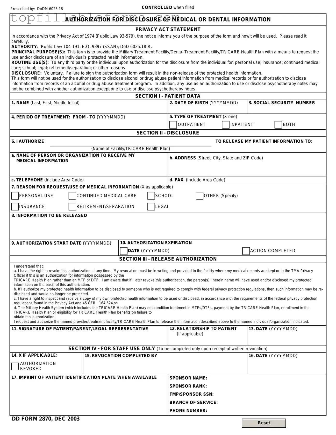 Printable DD 2870 Form in PDF
