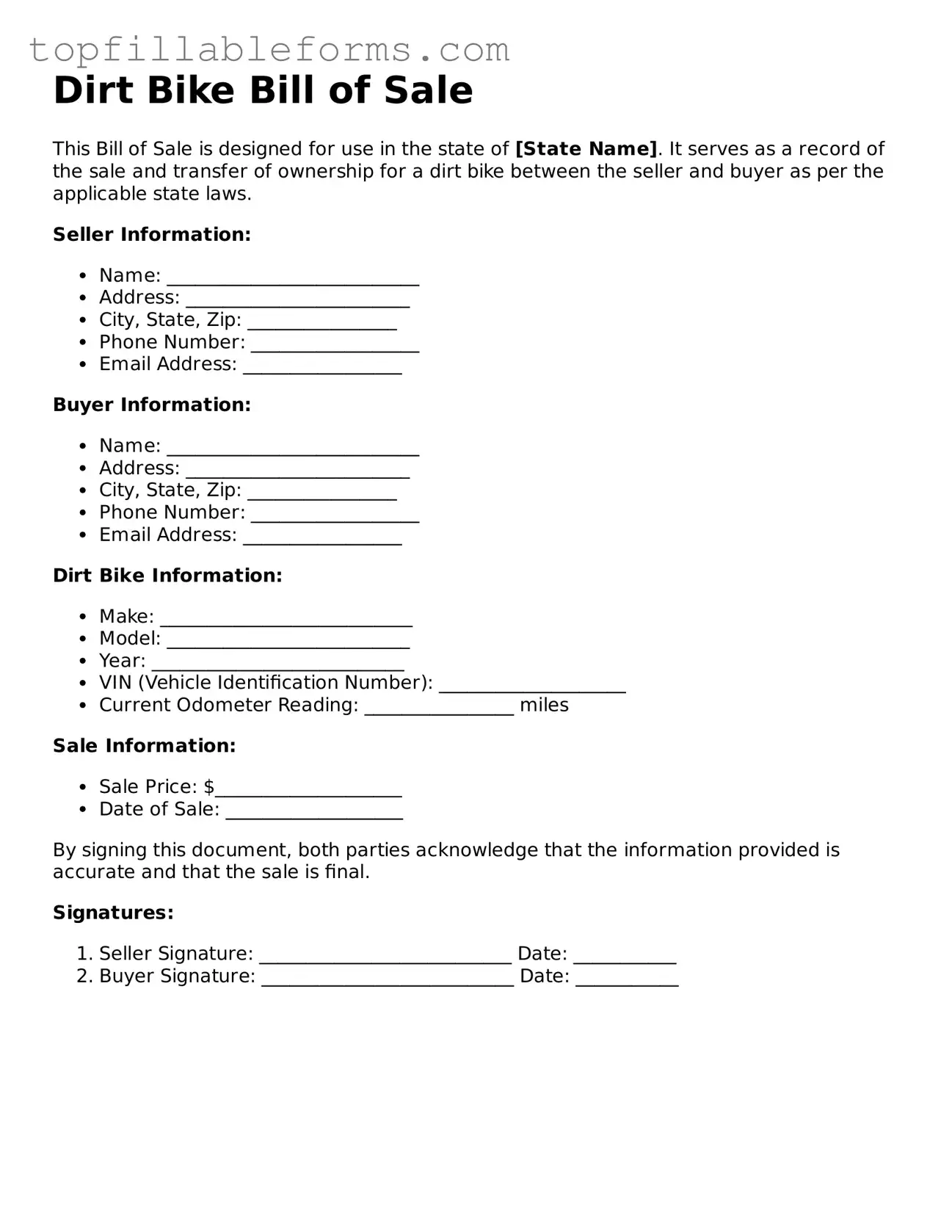 Free Dirt Bike Bill of Sale Form