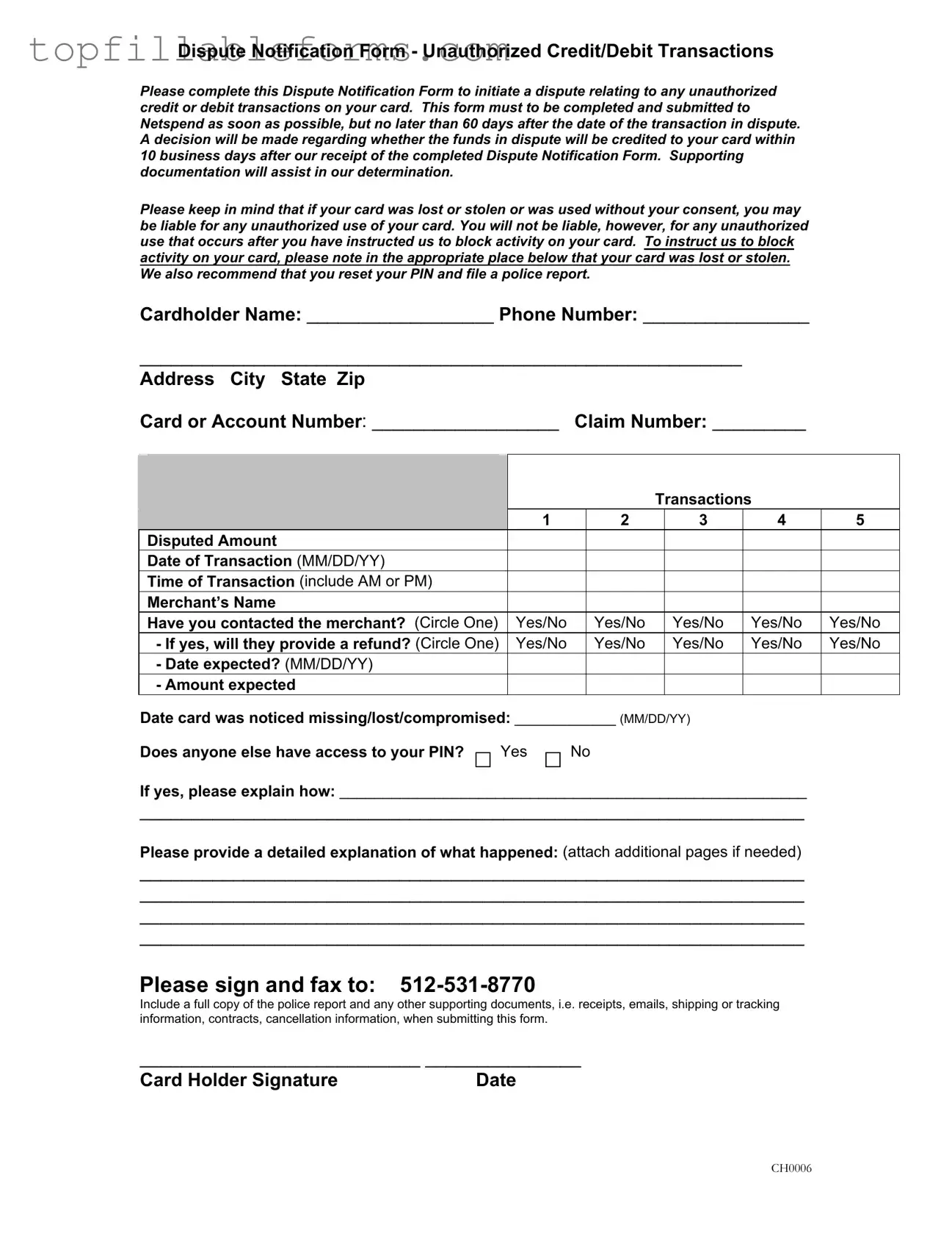 Printable Netspend Dispute Form in PDF
