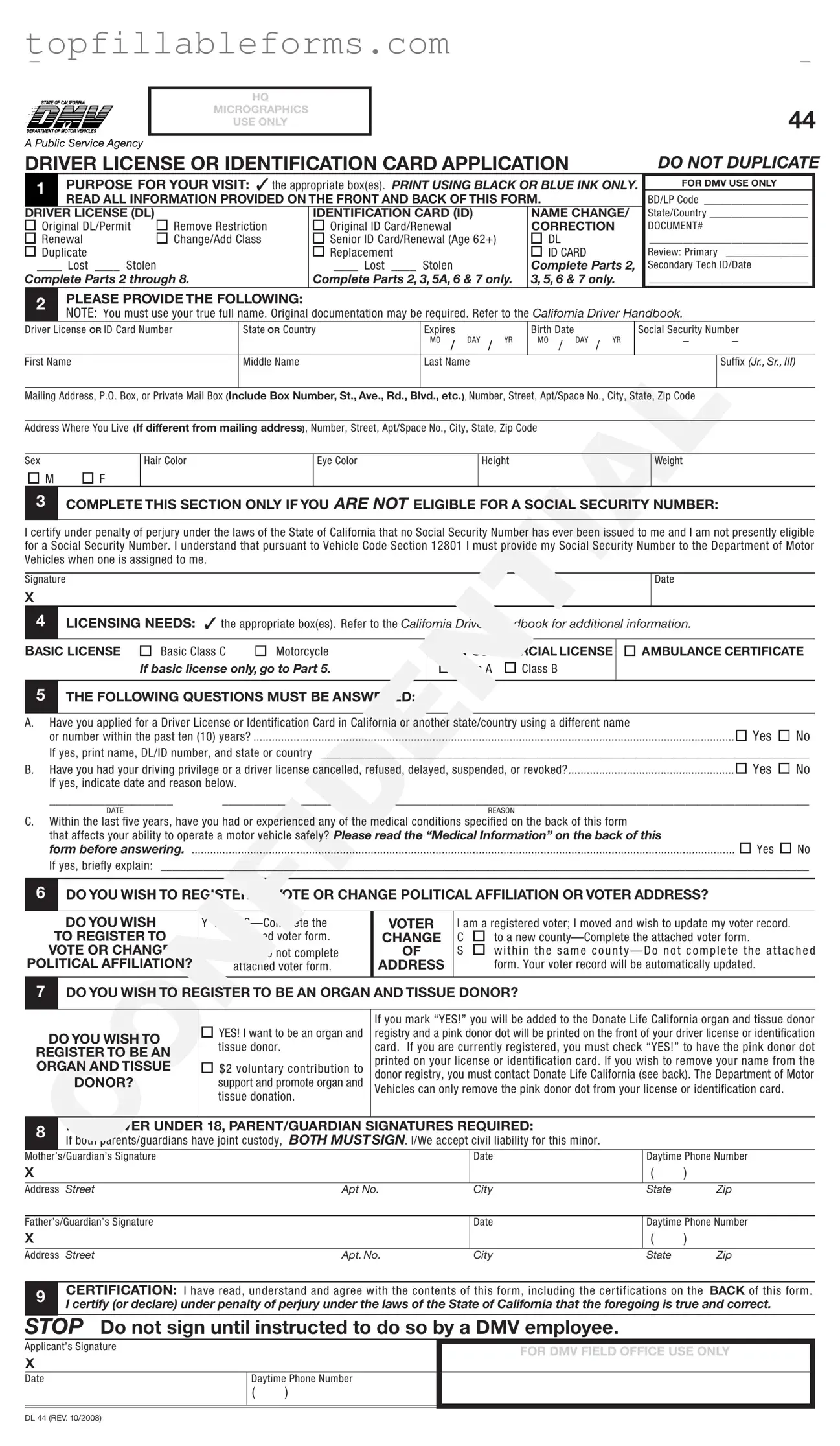 Printable Ca Dmv Dl 44 Form in PDF