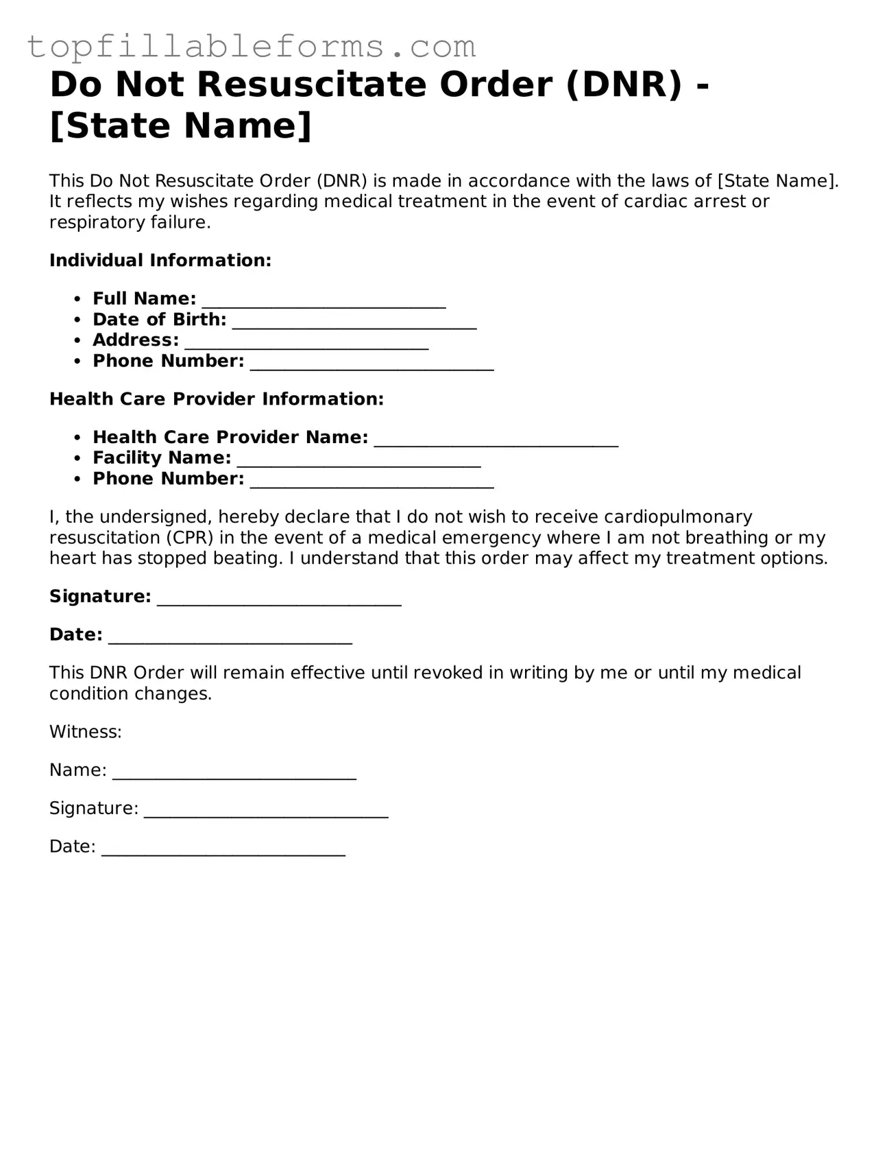 Free Do Not Resuscitate Order Form
