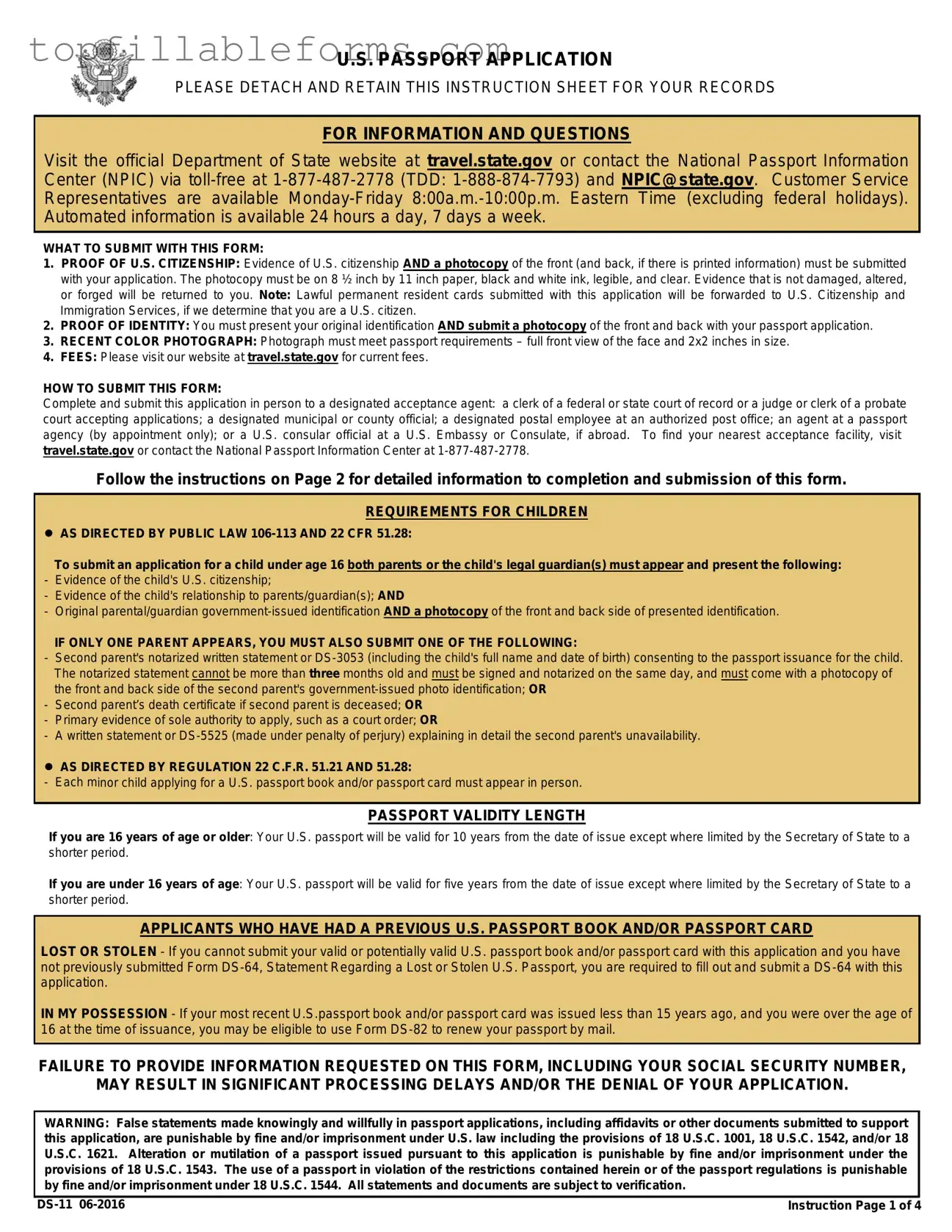 Printable DS-11 U.S. Passport application Form in PDF