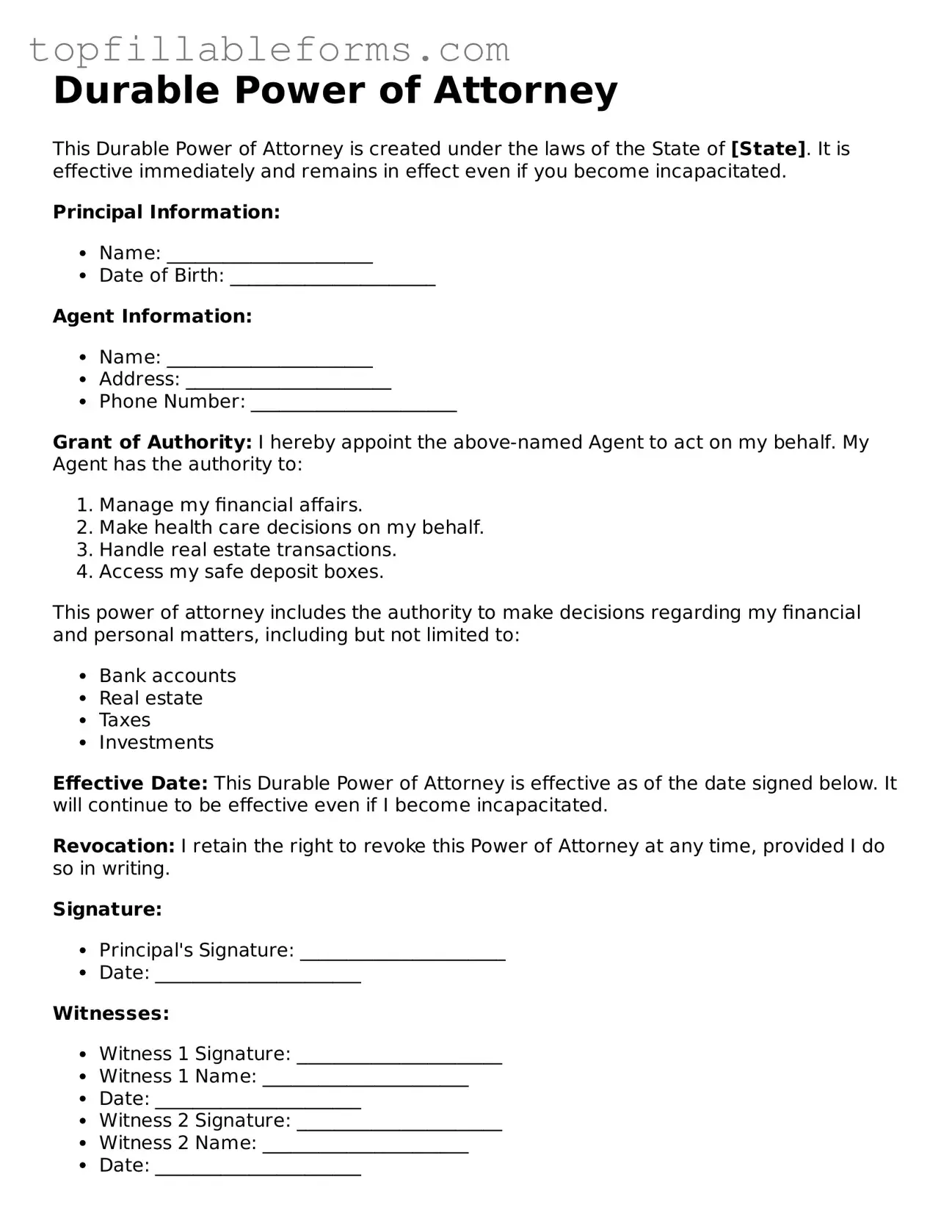 Free Durable Power of Attorney Form