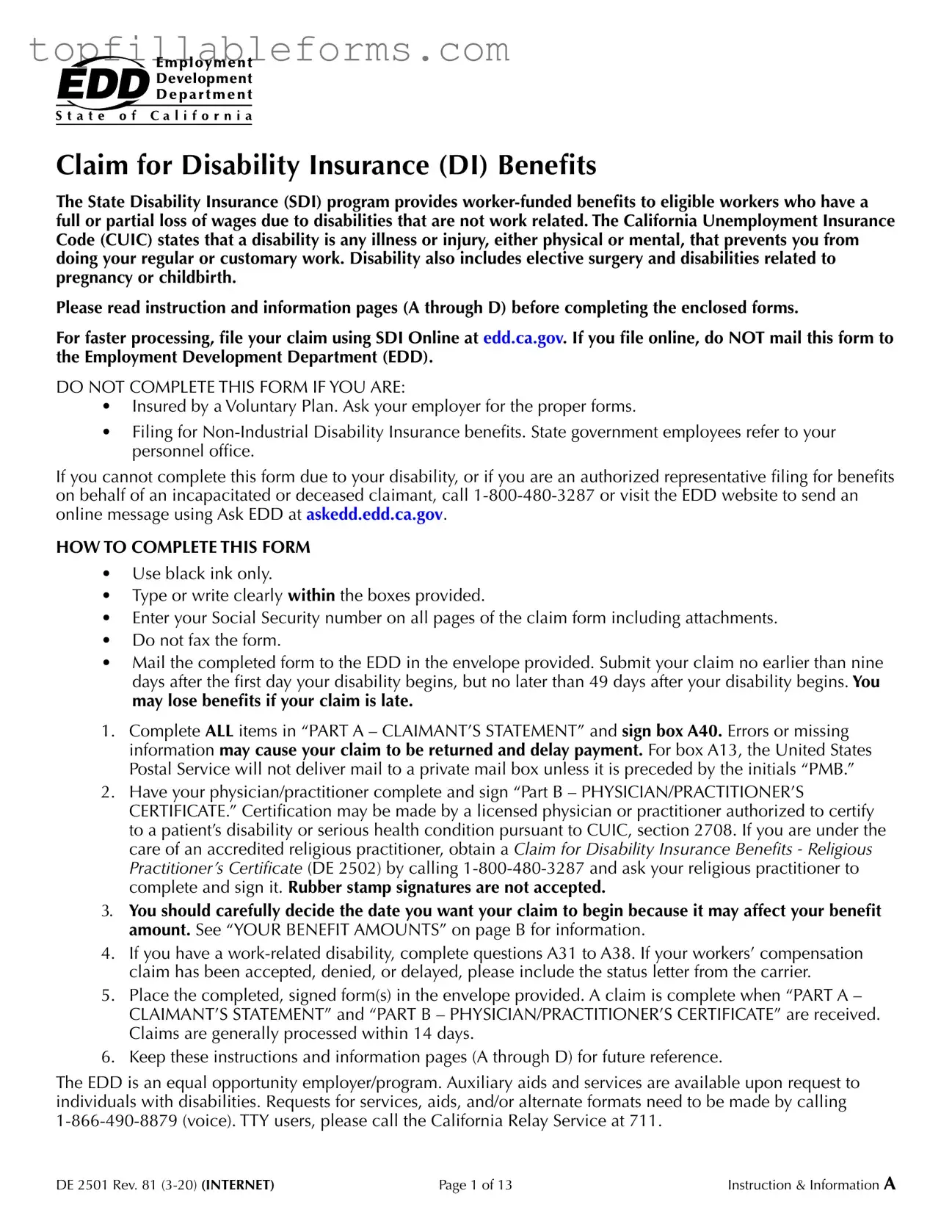 Printable EDD DE 2501 Form in PDF