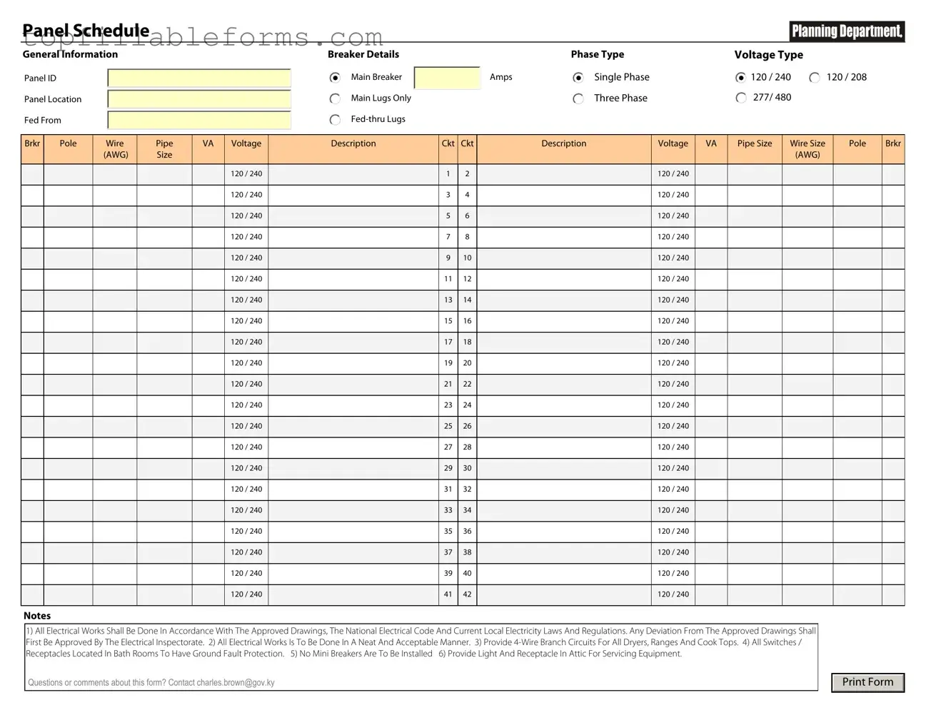 Printable Electrical Panel Schedule Form in PDF