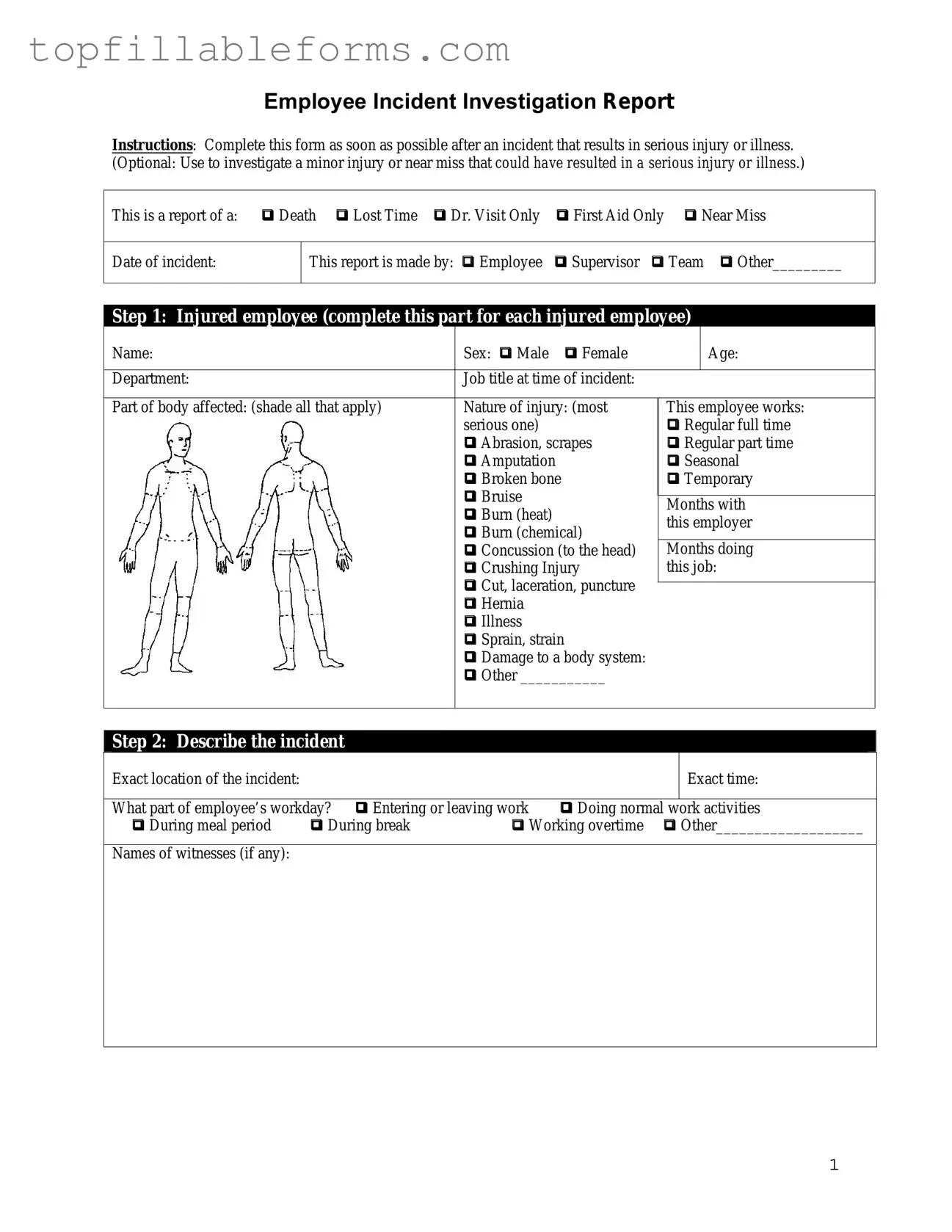 Printable Employee Accident Report Form in PDF