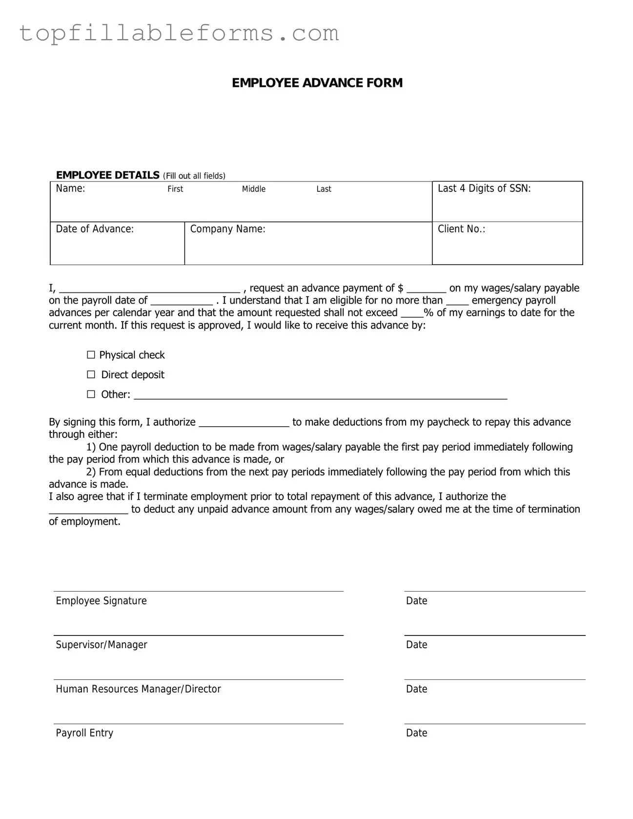 Printable Employee Advance Form in PDF
