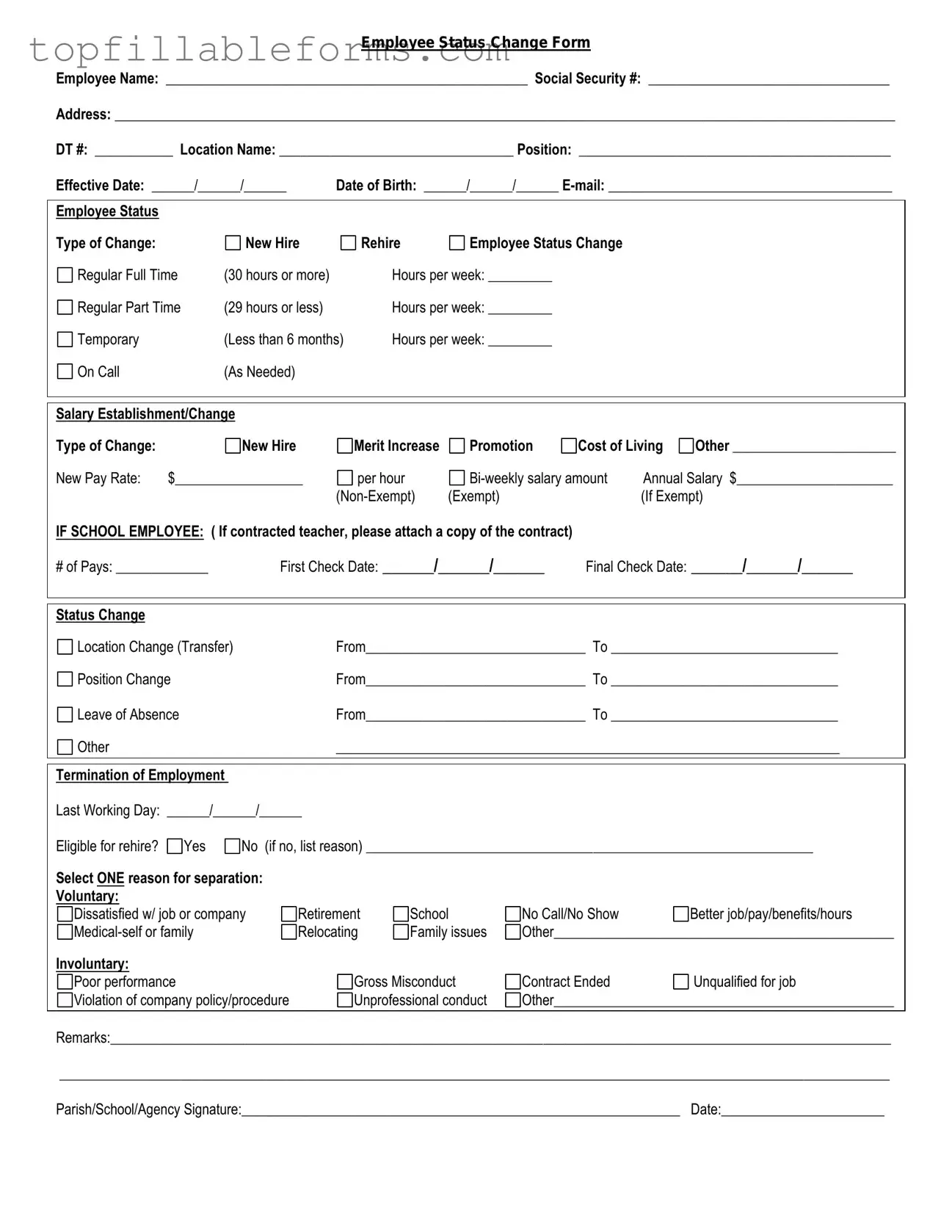 Printable Employee Status Change Form in PDF