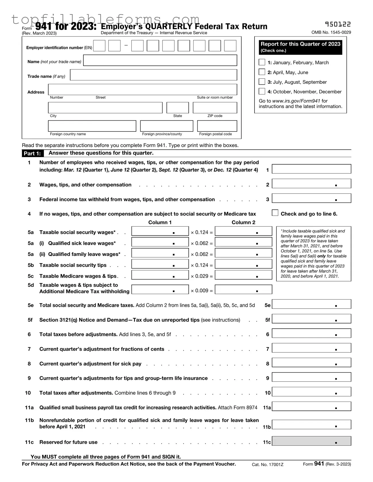 Printable IRS 941 Form in PDF