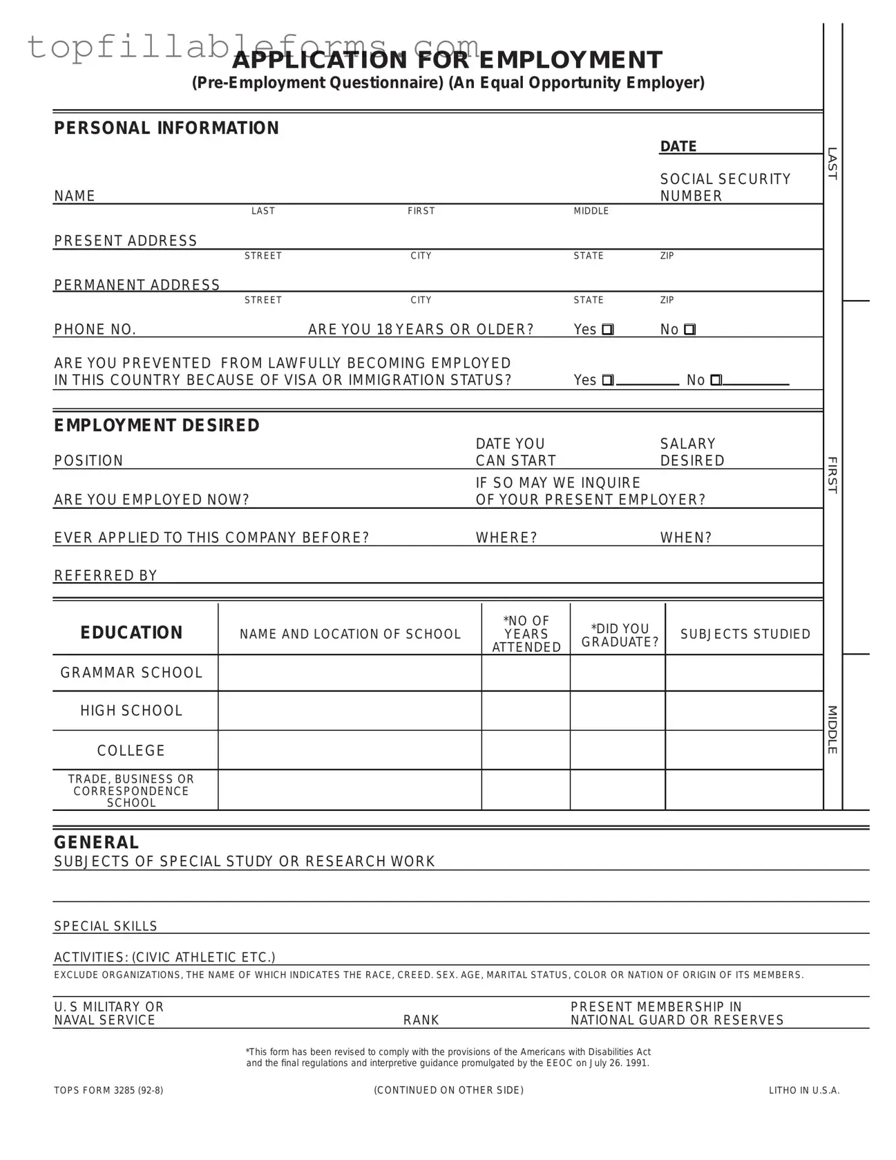 Printable Employment Application Pdf Form in PDF