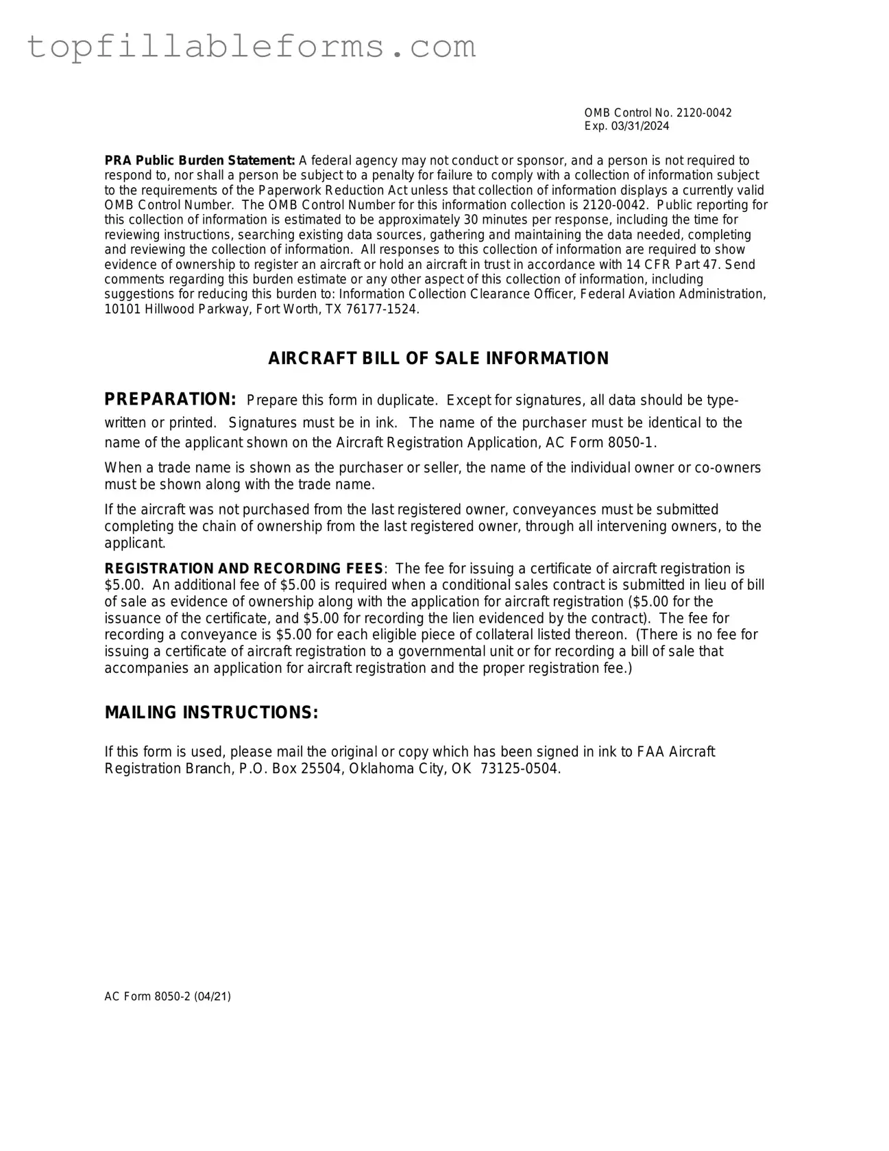 Printable Aircraft Bill of Sale AC 8050-2 Form in PDF