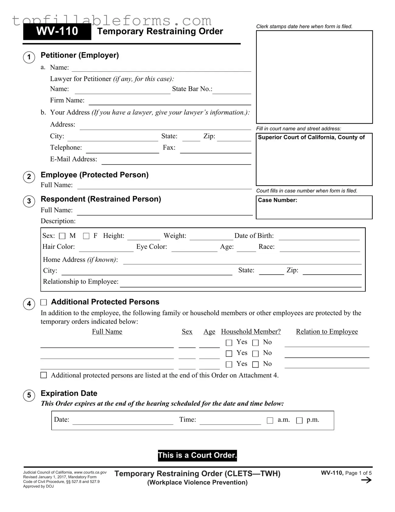 Printable Fake Restraining Order Form in PDF