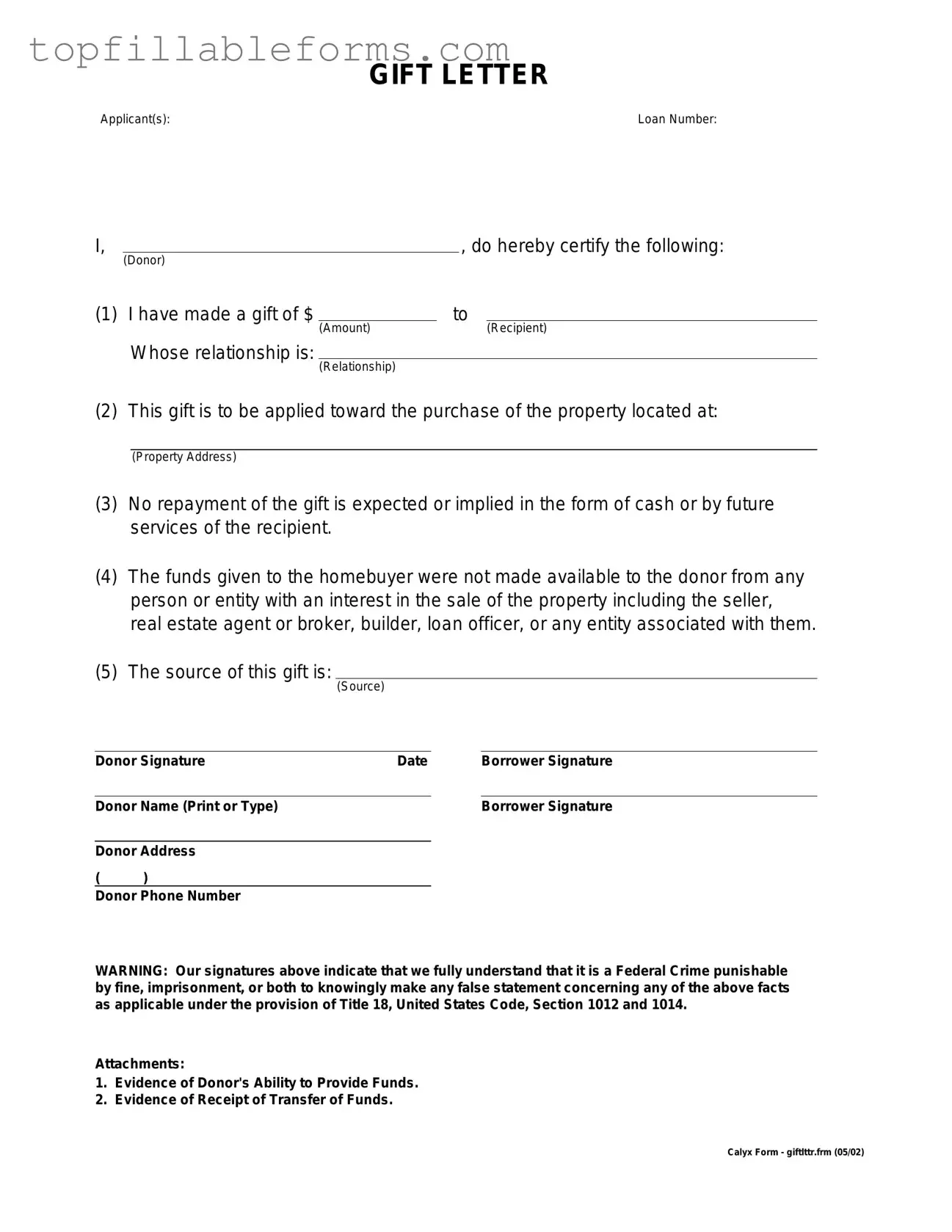 Printable Gift Letter Form in PDF