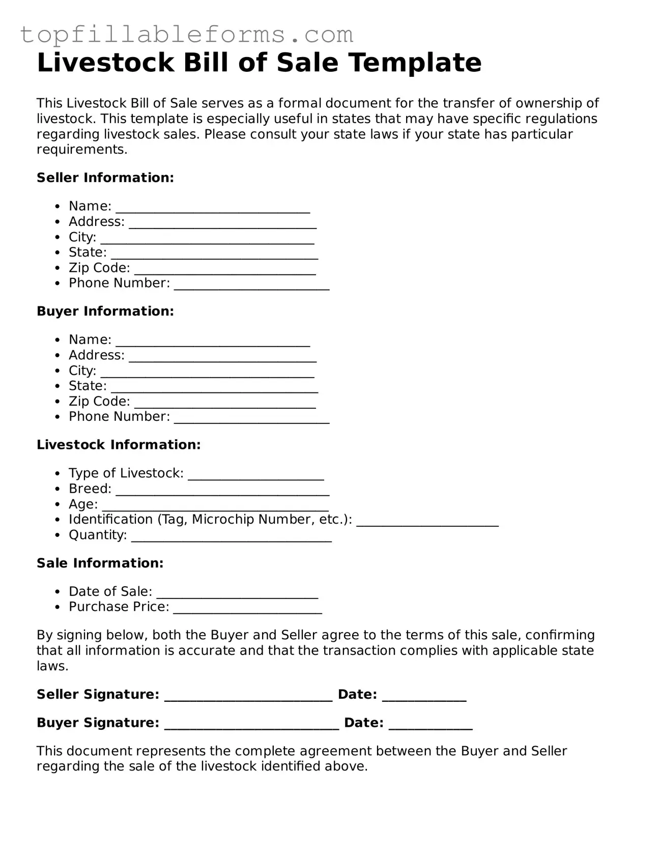 Free Livestock Bill of Sale Form