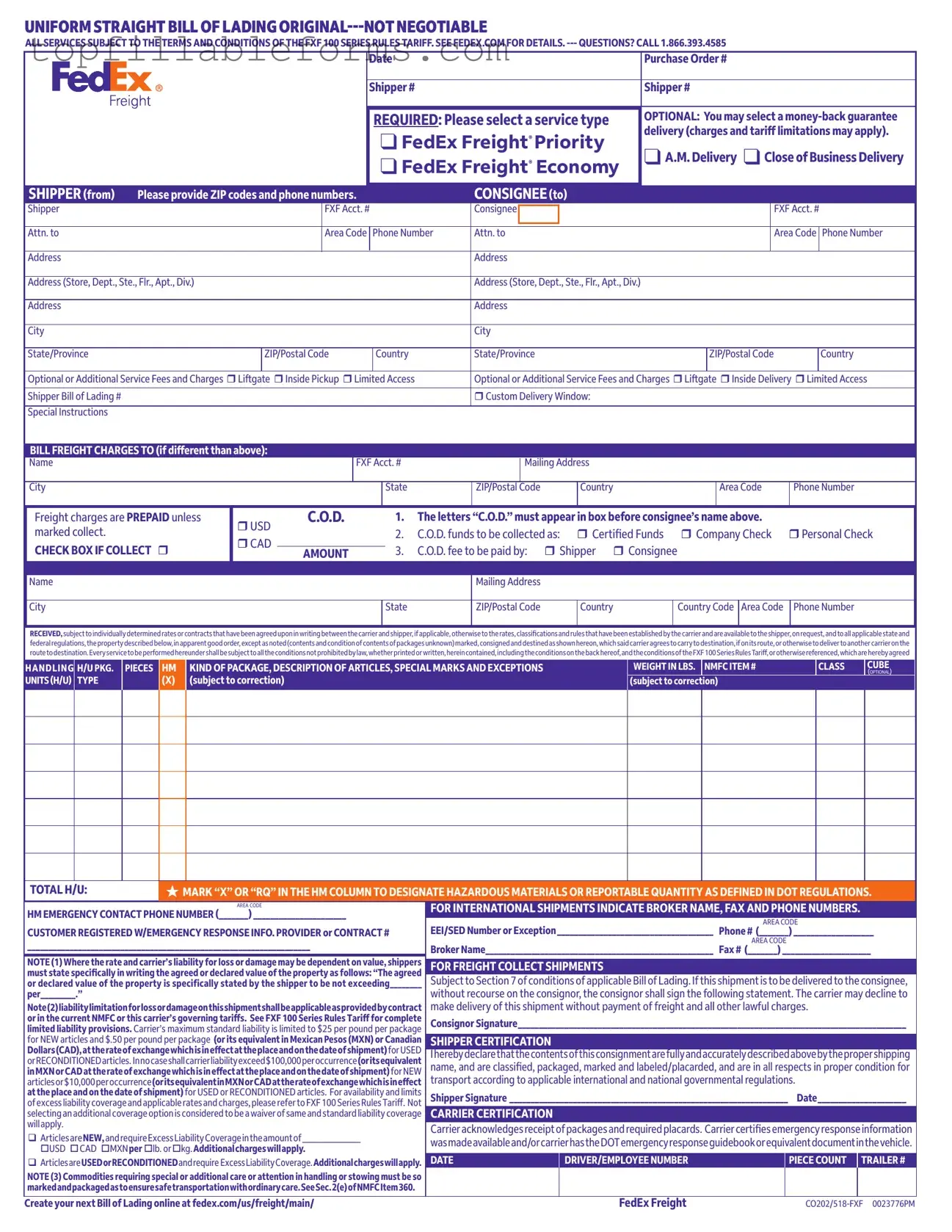 Printable Fedex Bill Of Lading Form in PDF