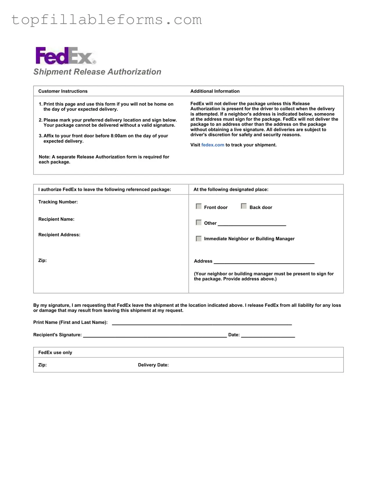 Printable Fedex Release Form in PDF