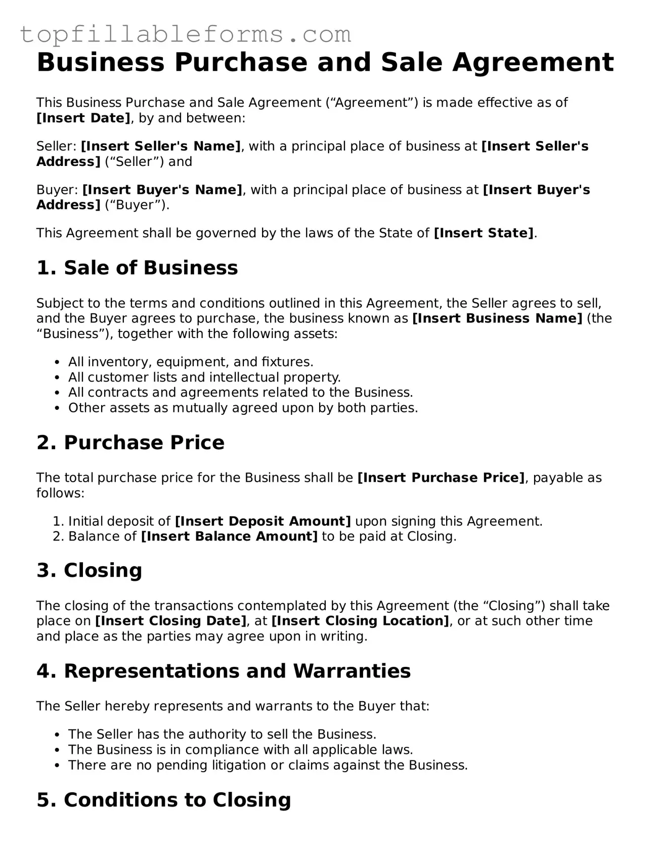 Free Business Purchase and Sale Agreement Form
