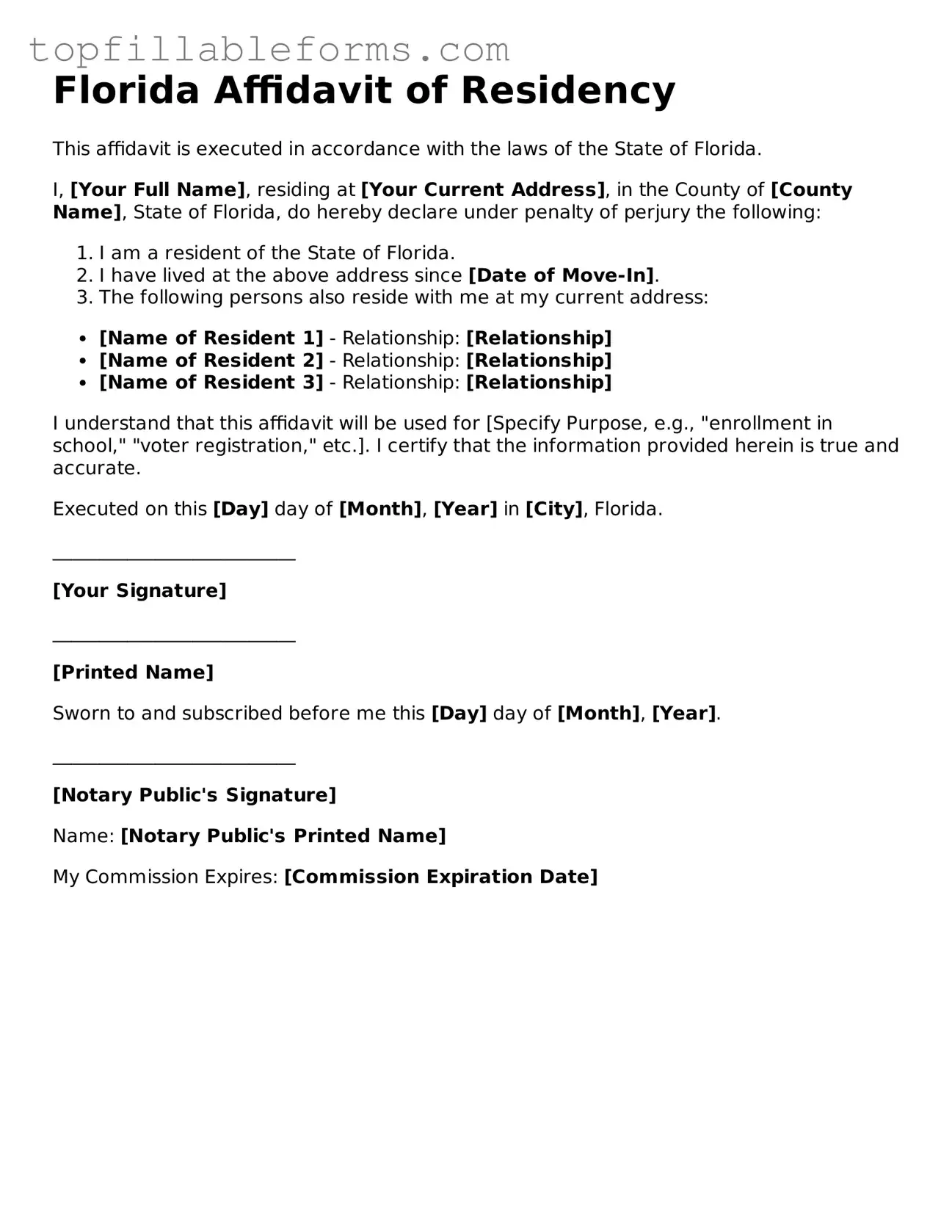 Attorney-Verified  Affidavit of Residency Template for Florida