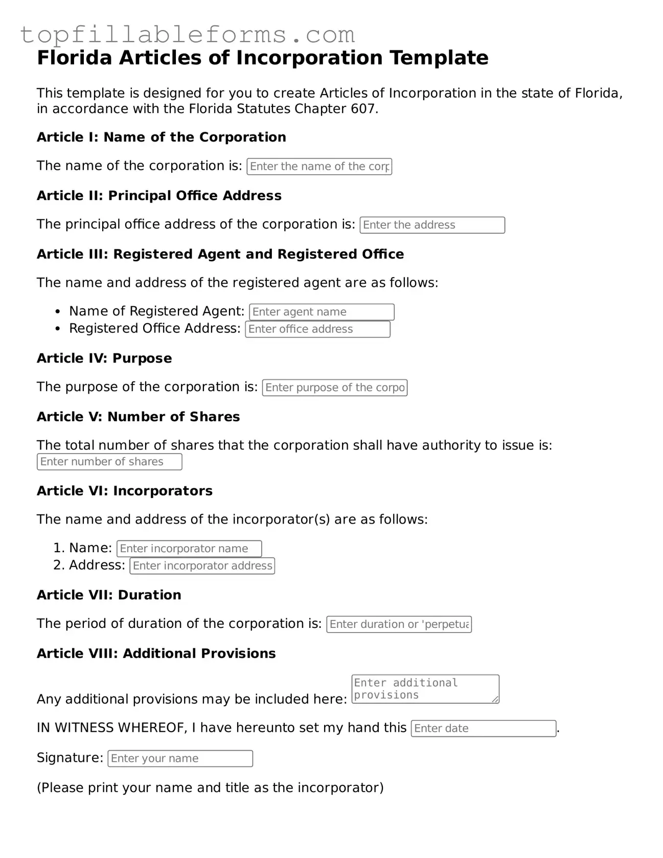 Attorney-Verified Articles of Incorporation Template for Florida