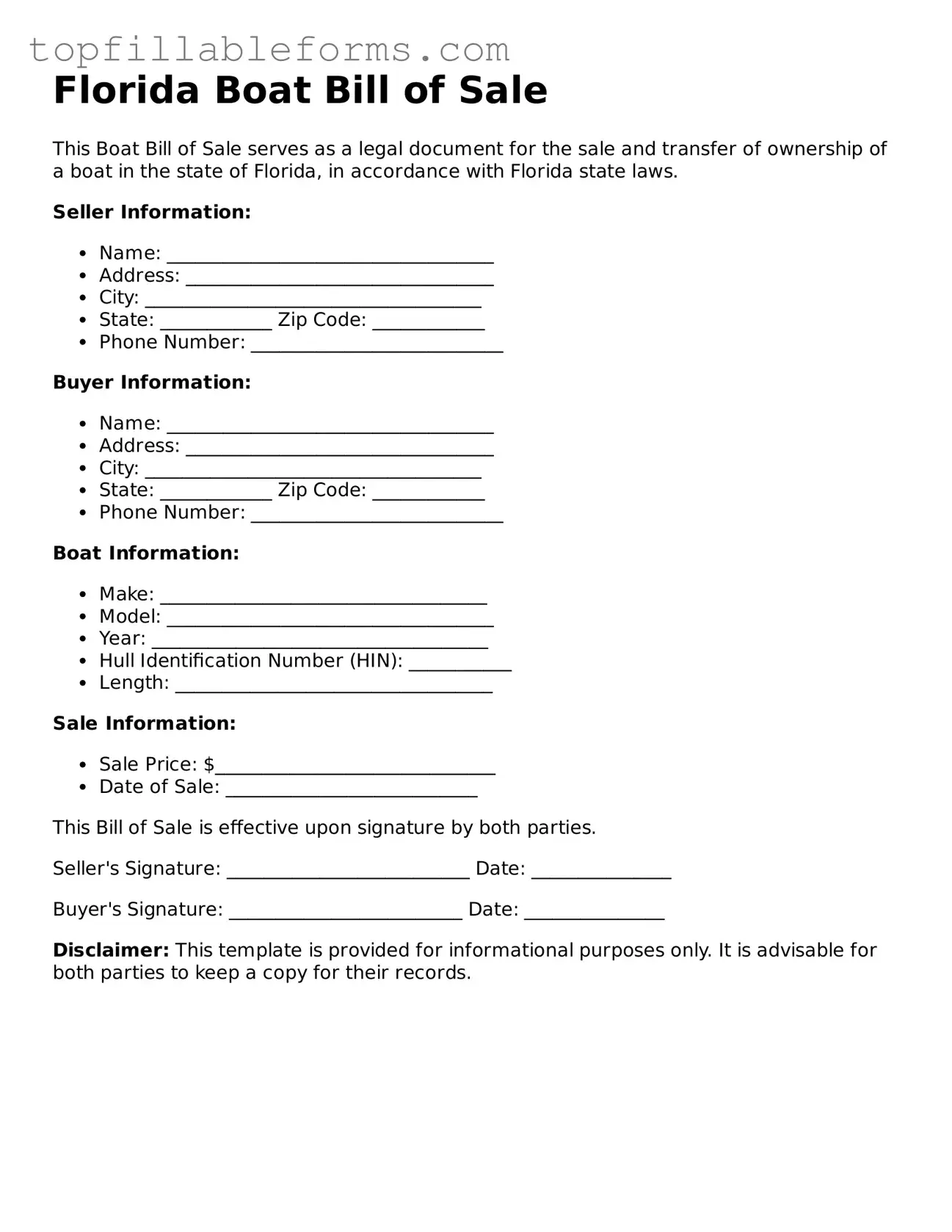 Attorney-Verified  Boat Bill of Sale Template for Florida