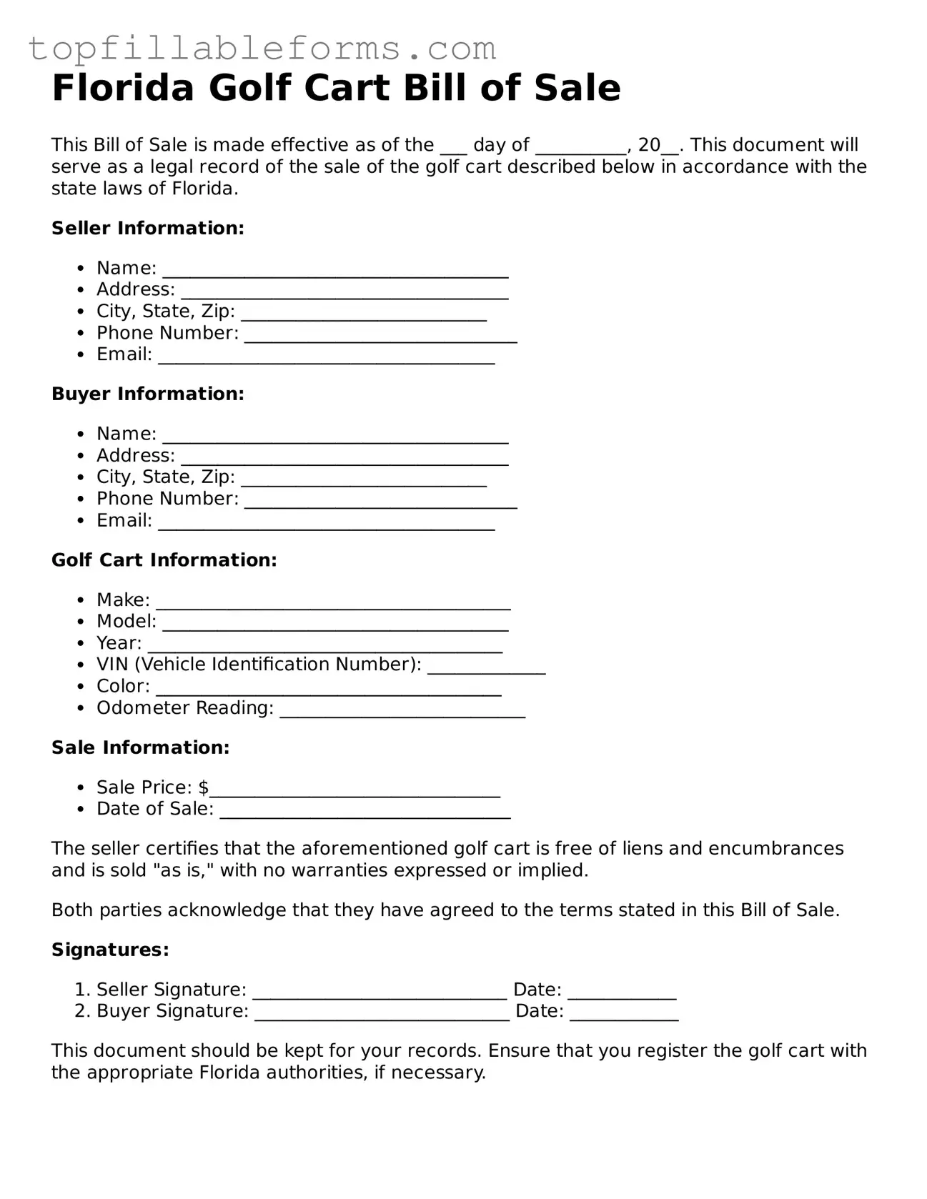 Attorney-Verified  Golf Cart Bill of Sale Template for Florida