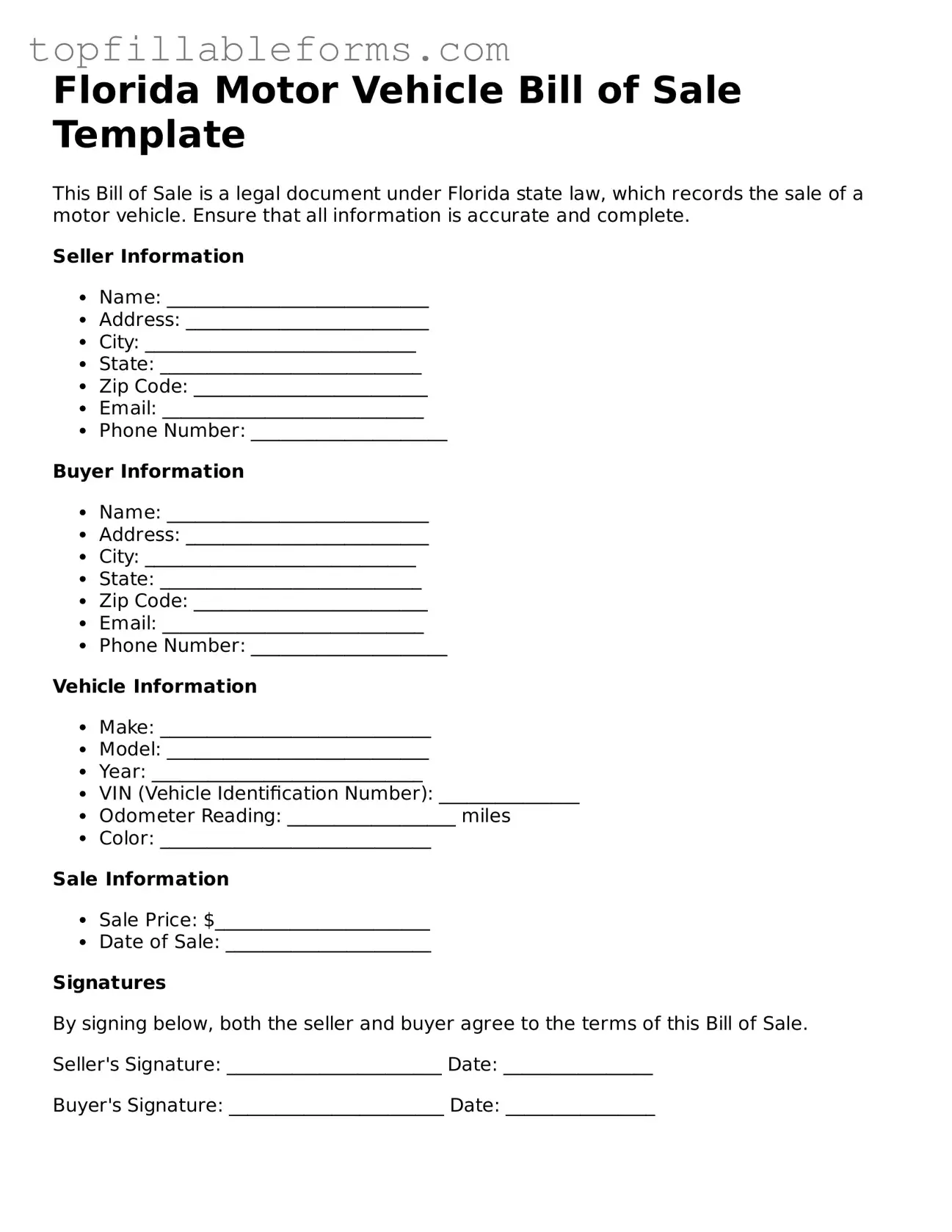 Attorney-Verified  Motor Vehicle Bill of Sale Template for Florida