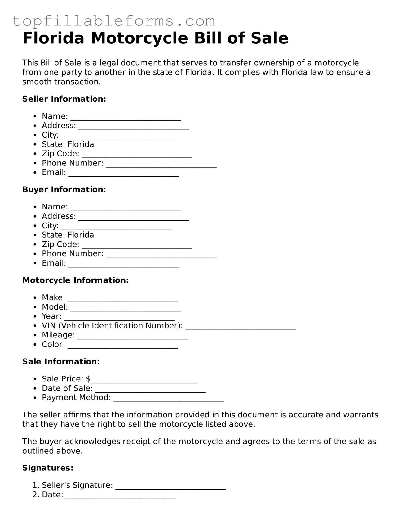 Attorney-Verified  Motorcycle Bill of Sale Template for Florida