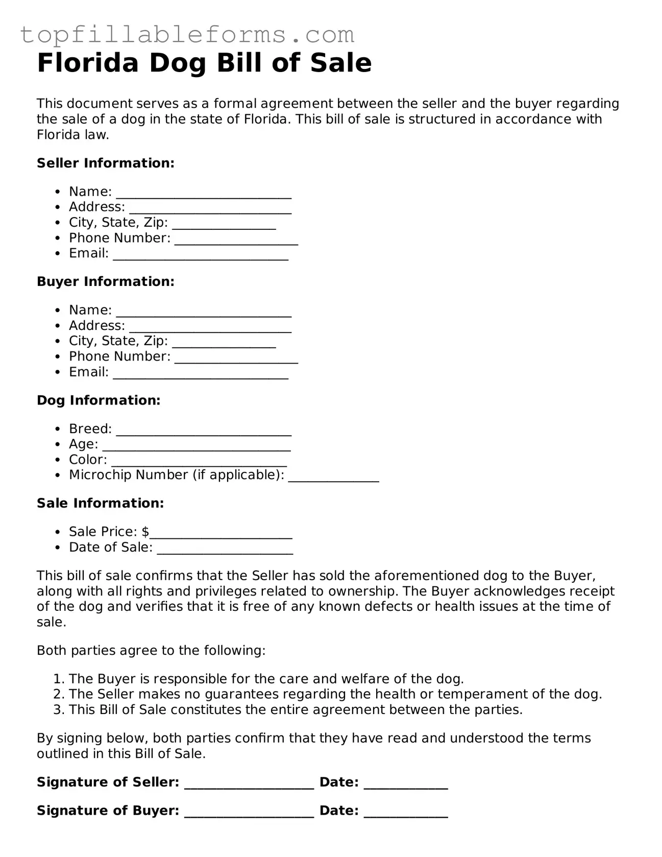 Attorney-Verified  Dog Bill of Sale Template for Florida